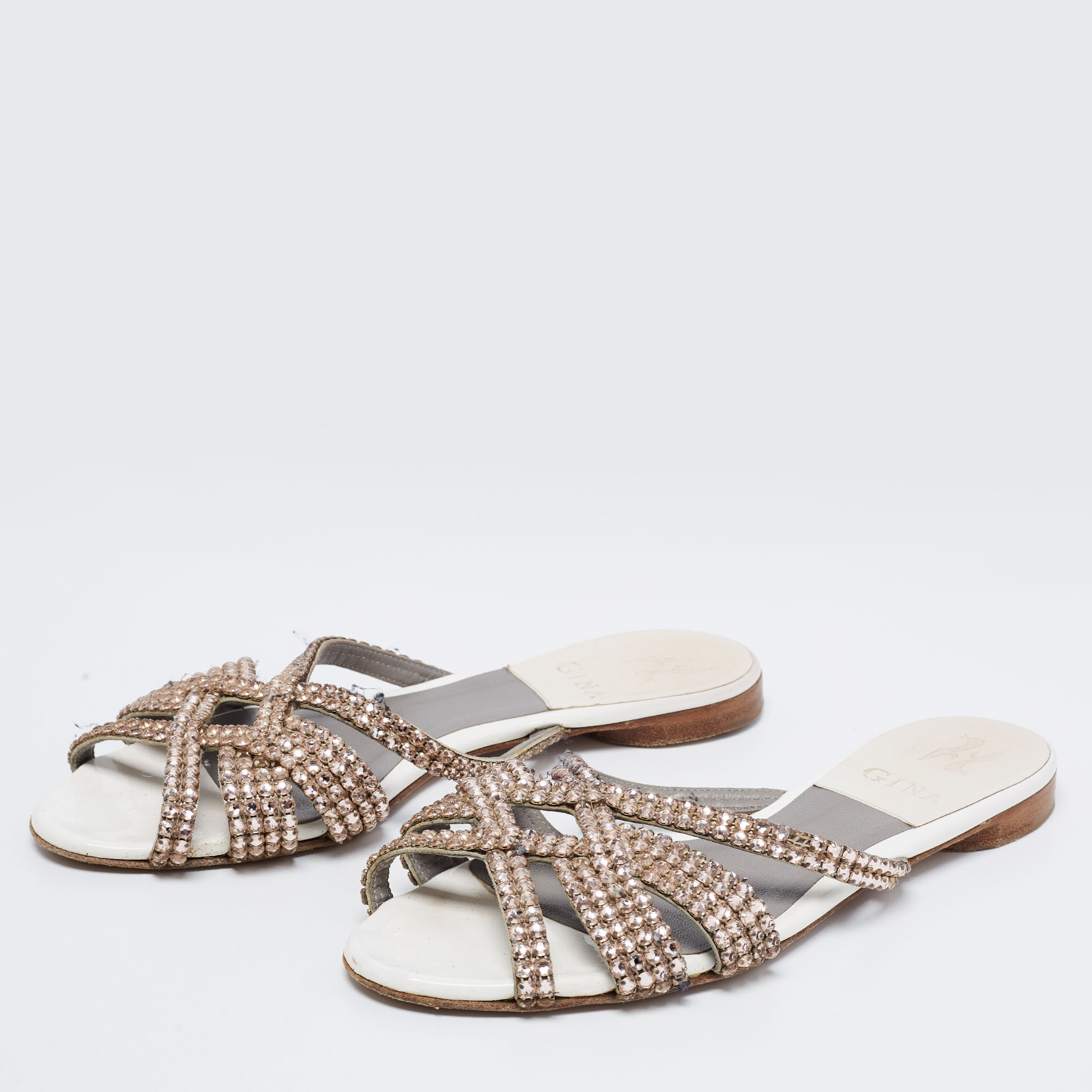 

Gina White Leather Crystal Embellished Flats Size