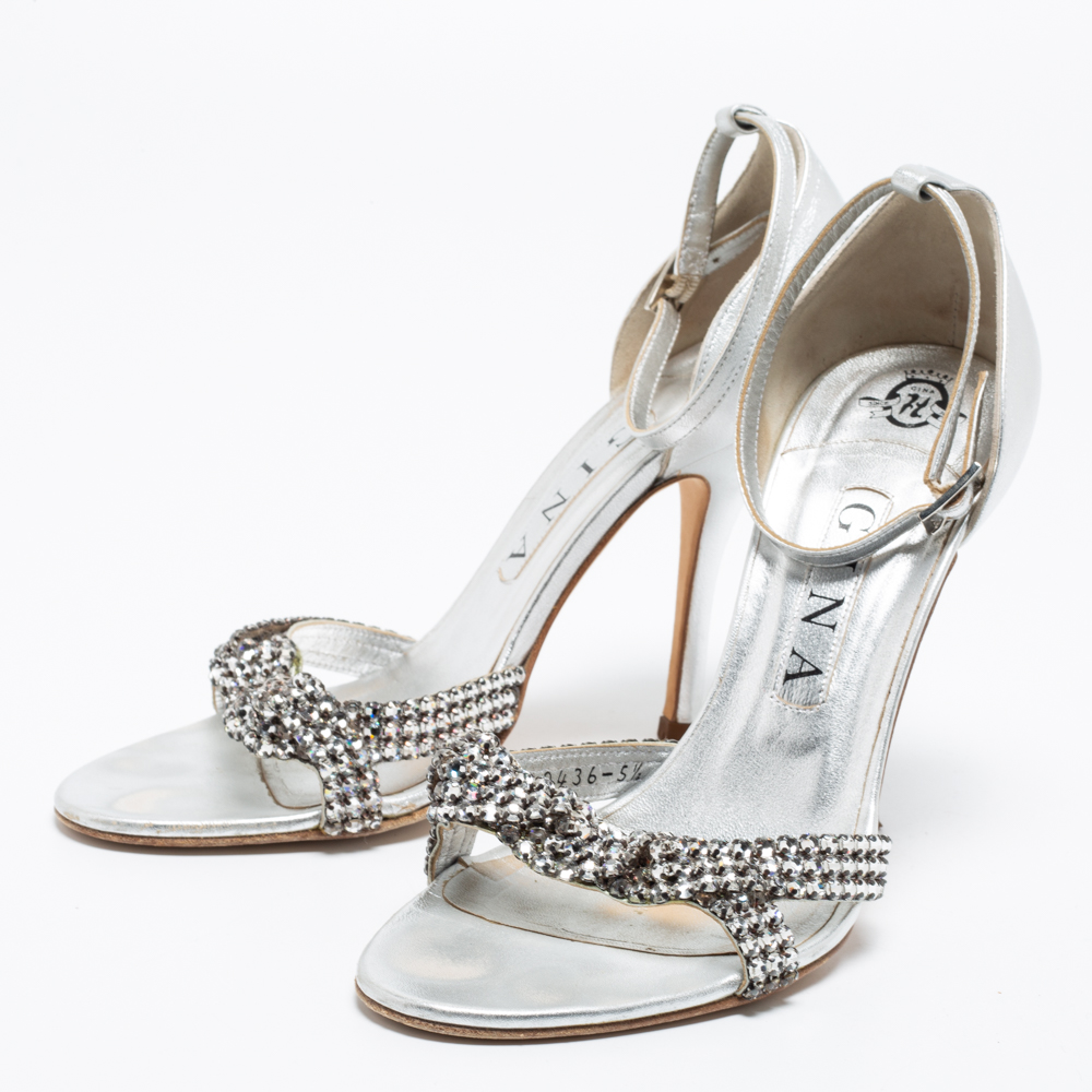 

Gina Silver Leather Crystal Embellished Ankle-Strap Sandals Size