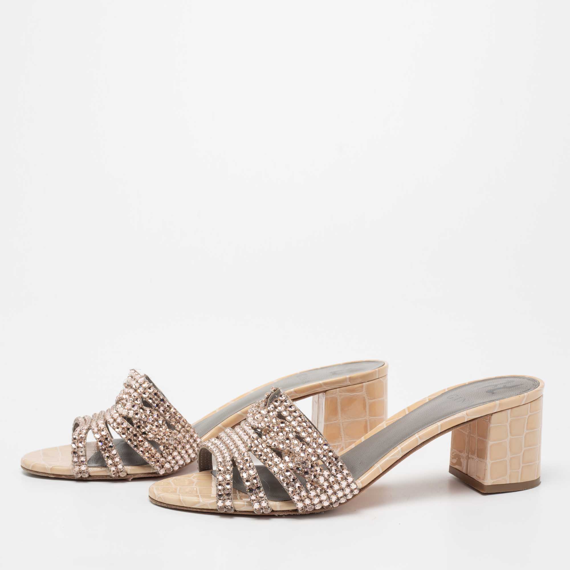 

Gina Beige Croc Embossed Patent Leather Crystal Embellished Loren Slide Sandals Size