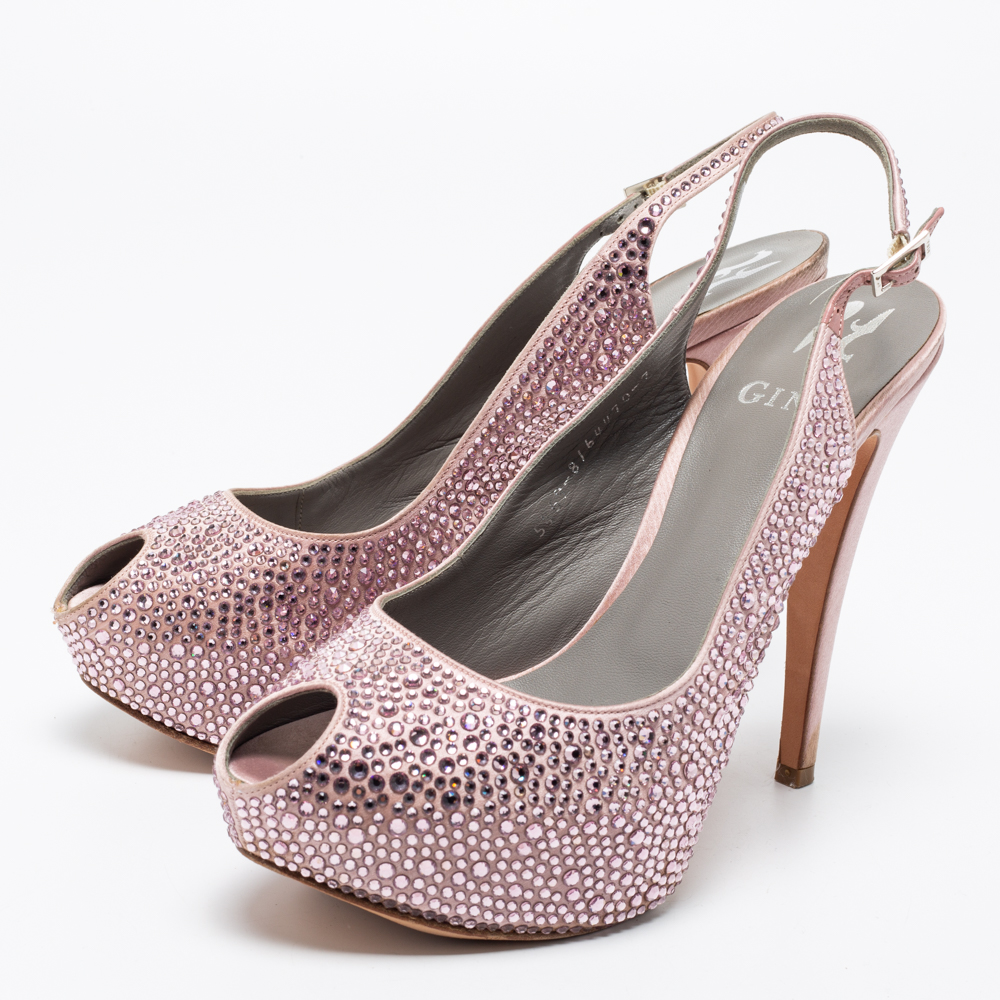 

Gina Pink Satin Crystal Embellished Peep-Toe Platform Slingback Sandals Size