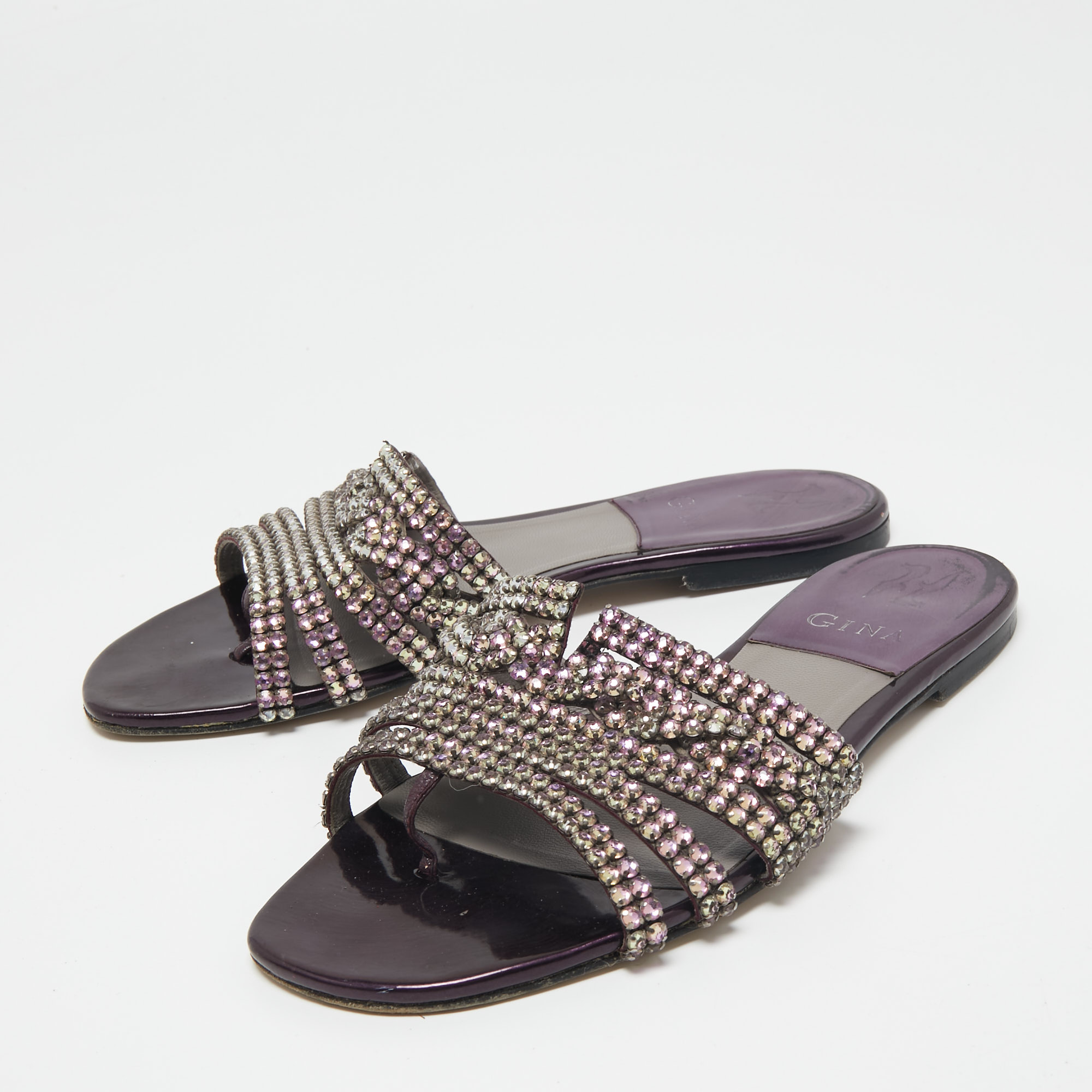 

Gina Metallic Purple Patent Leather Crystal Embellished Flats Size