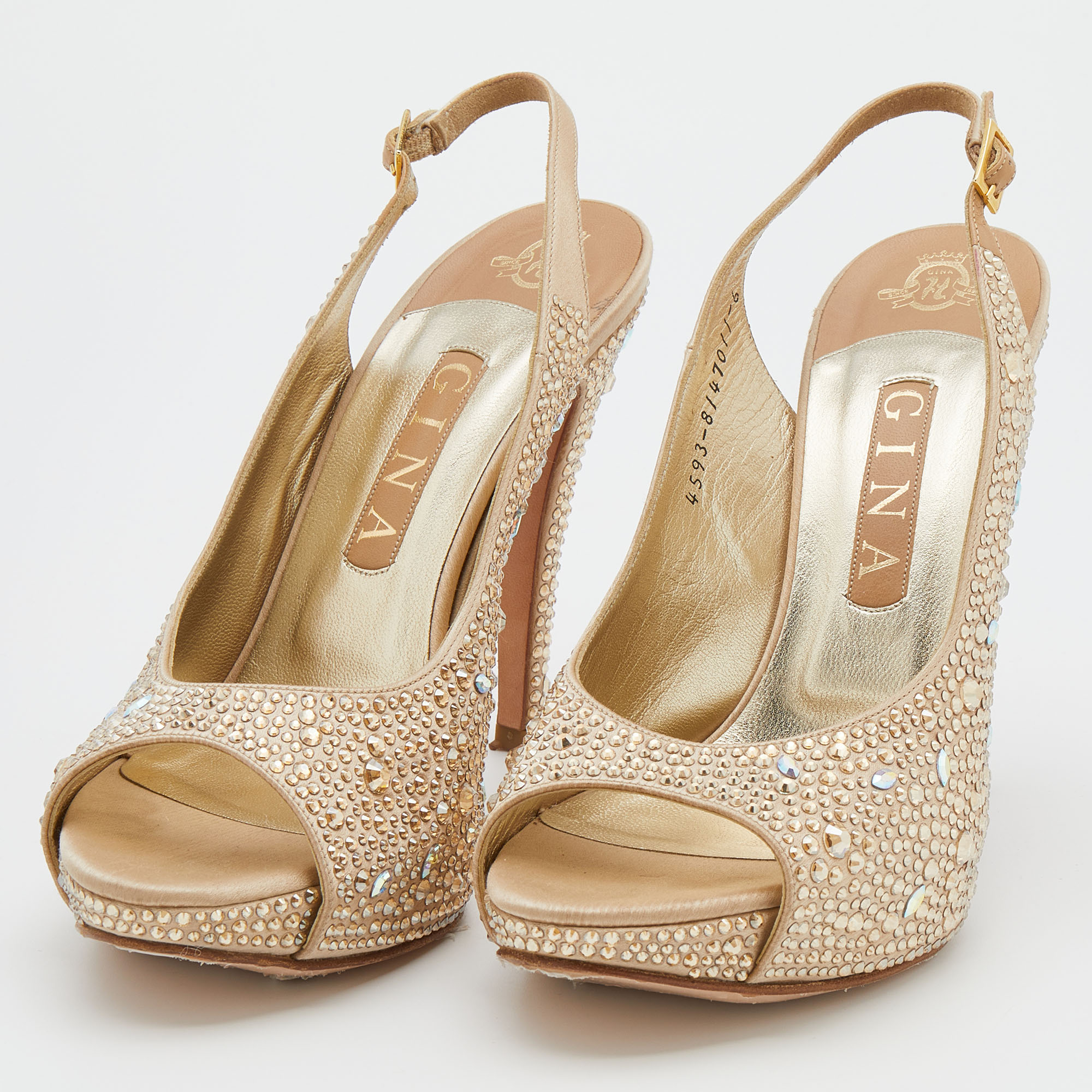 

Gina Beige Satin Crystal Embellished Platform Sling Back Sandals Size