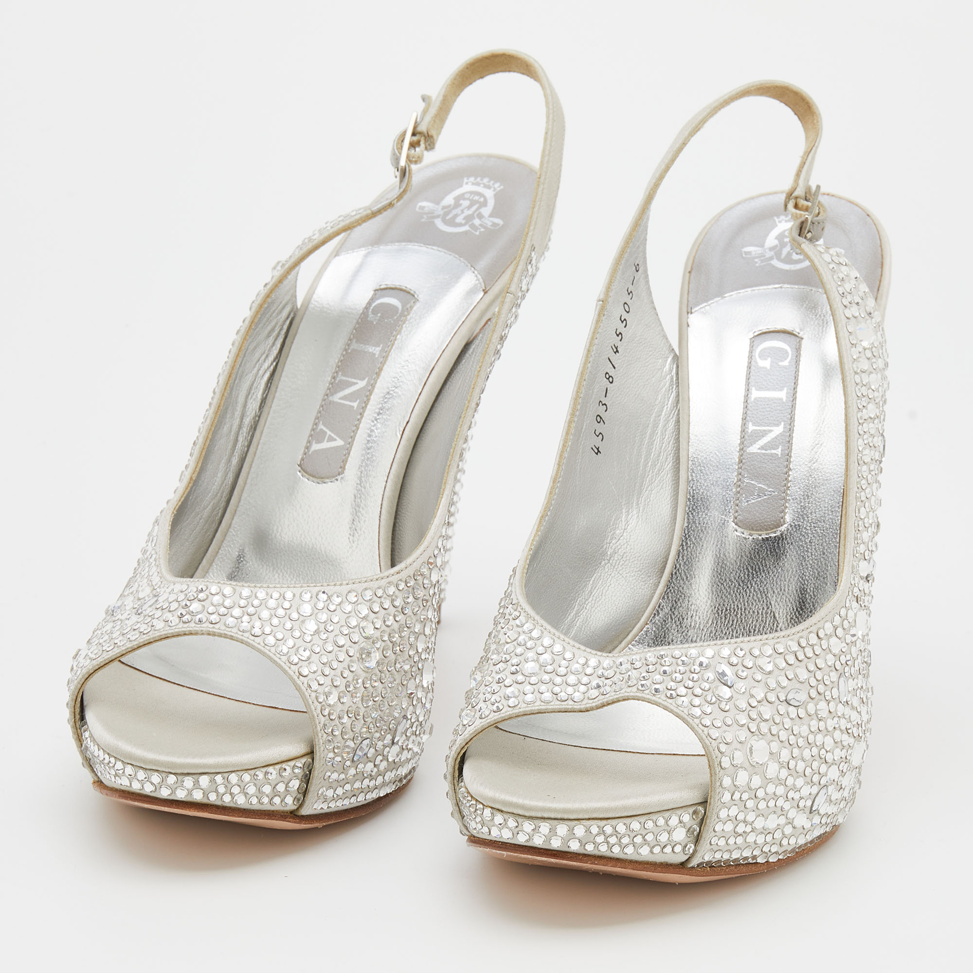 

Gina Light Grey Satin Crystal Embellishment Slingback Sandals Size