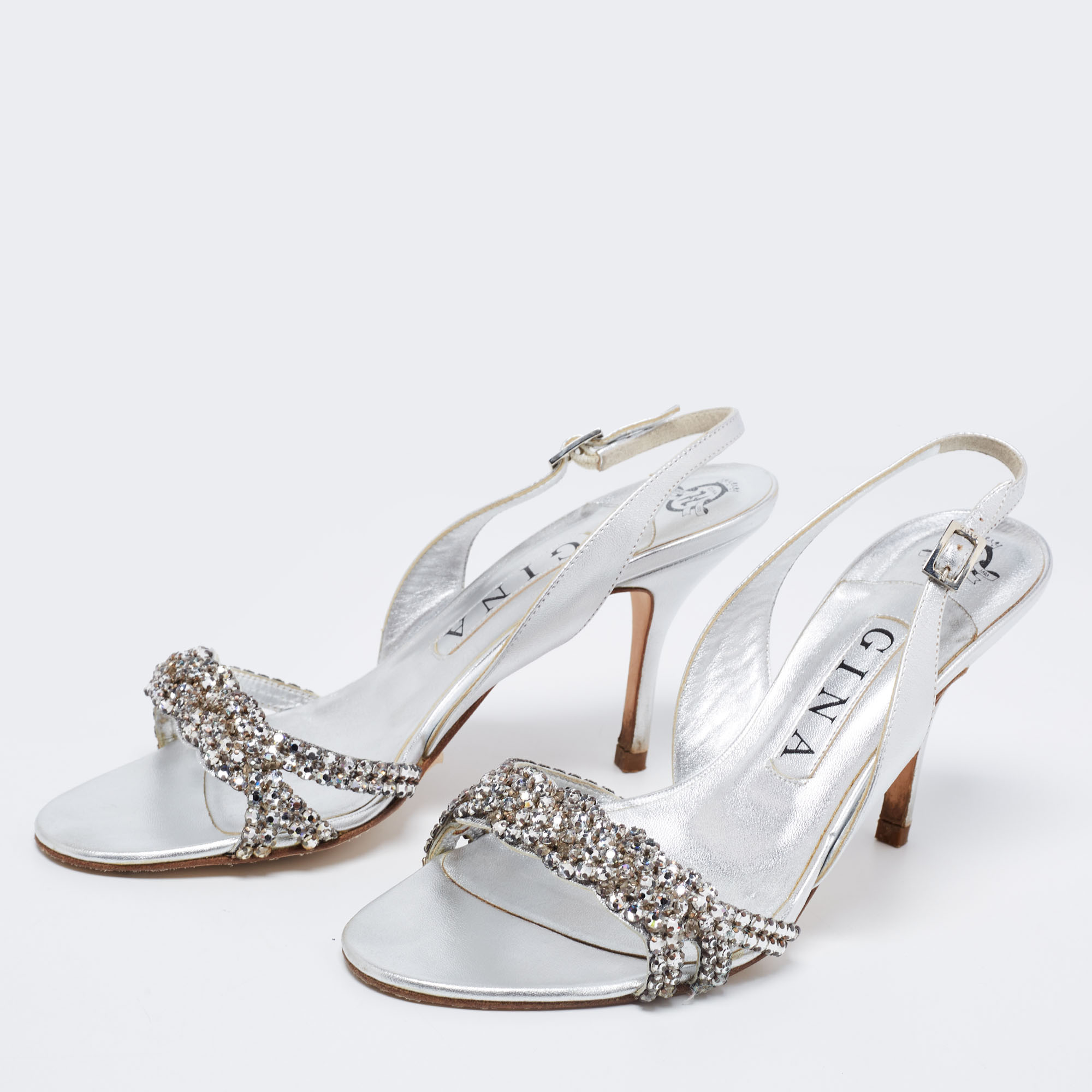 

Gina Silver Leather Embellished Slingback Sandals Size