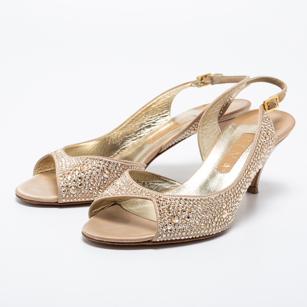 

Gina Gold Satin Crystal Embellished Slingback Sandals Size