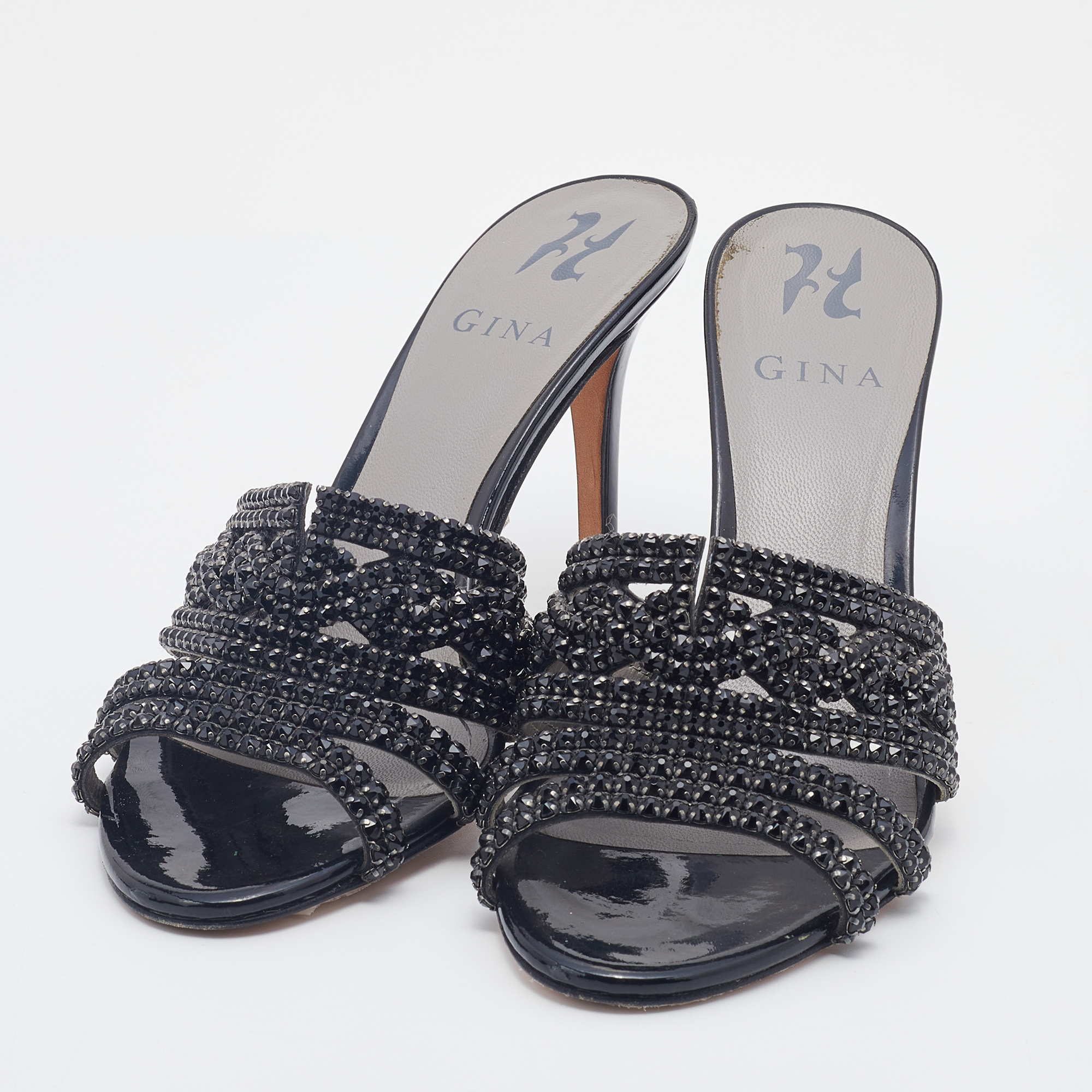 

Gina Black Patent Leather Crystal Embellished Slides Sandals Size