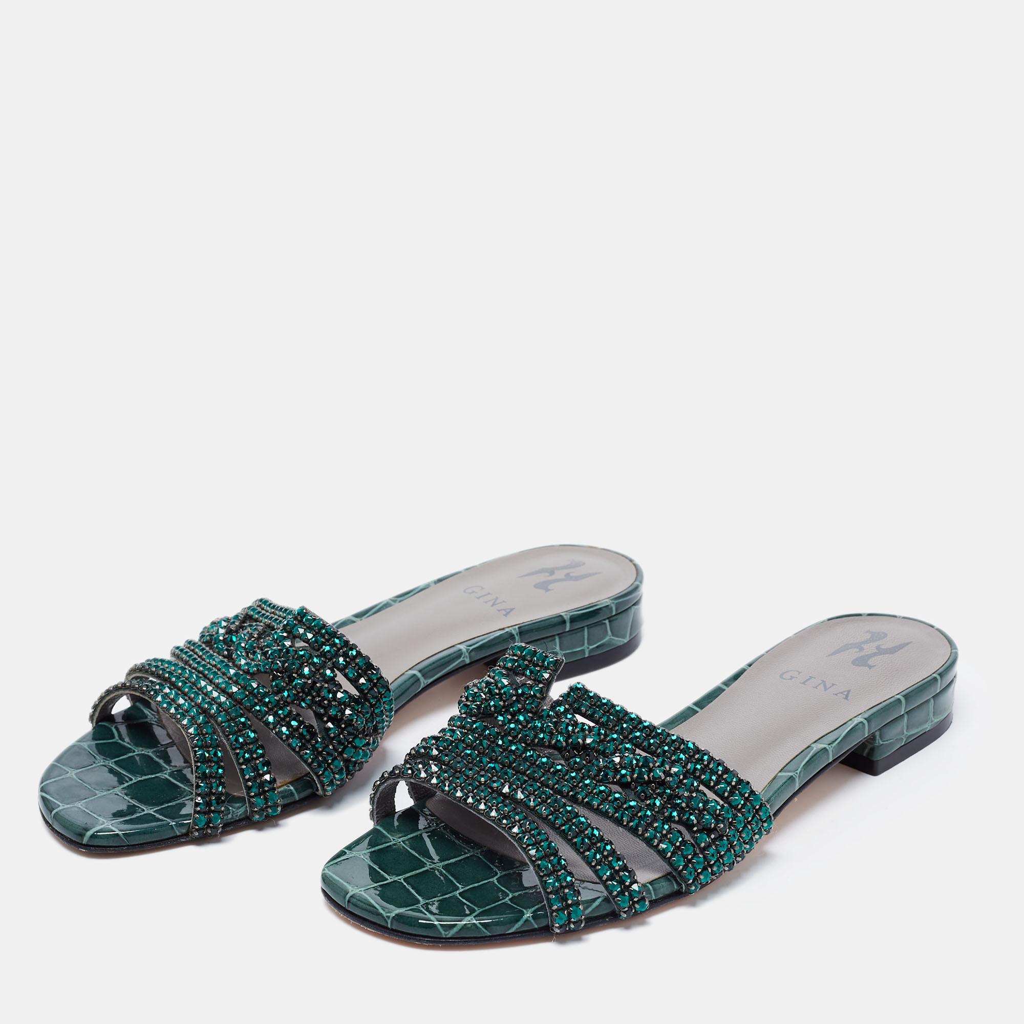 

Gina Green Croc Embossed Patent Leather Visage Slide Sandals Size