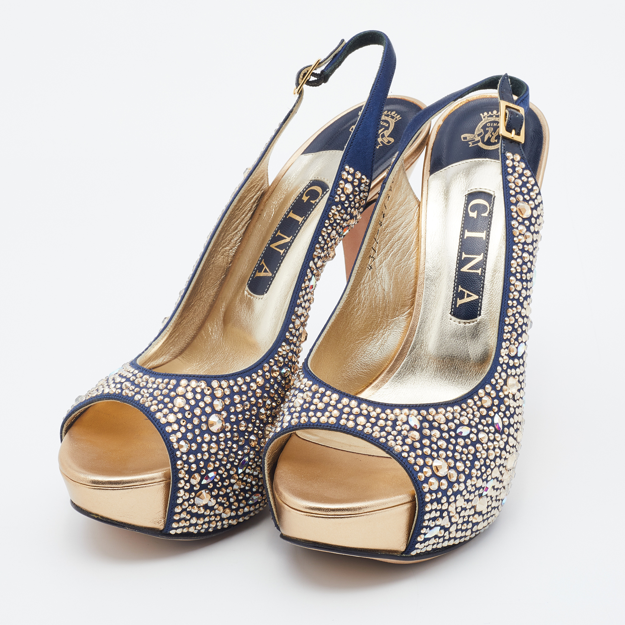 

Gina Navy Blue Satin Crystal Embellished Peep-Toe Platform Slingback Sandals Size