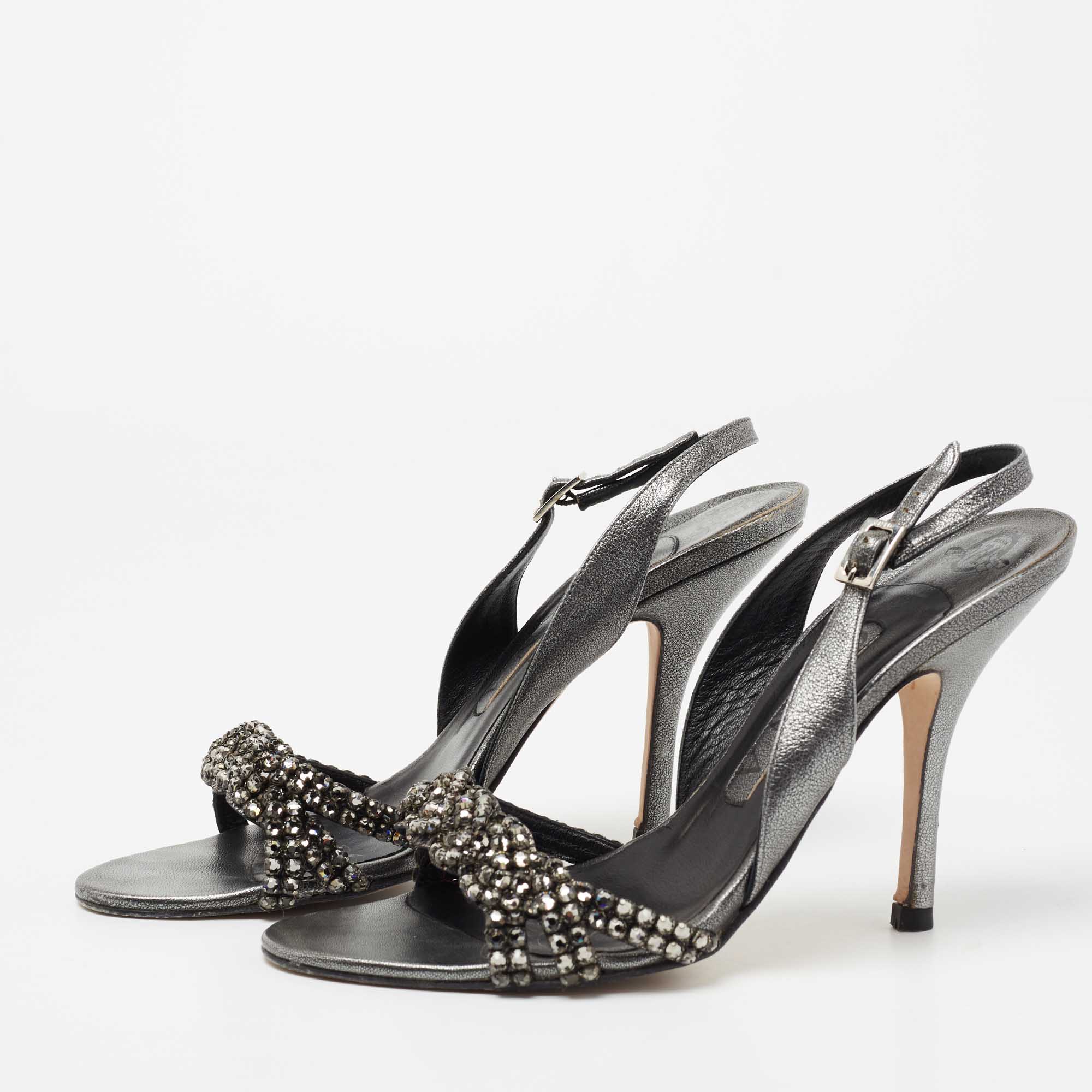 

Gina Black Leather Crystal Embellished Slingback Sandals Size, Metallic