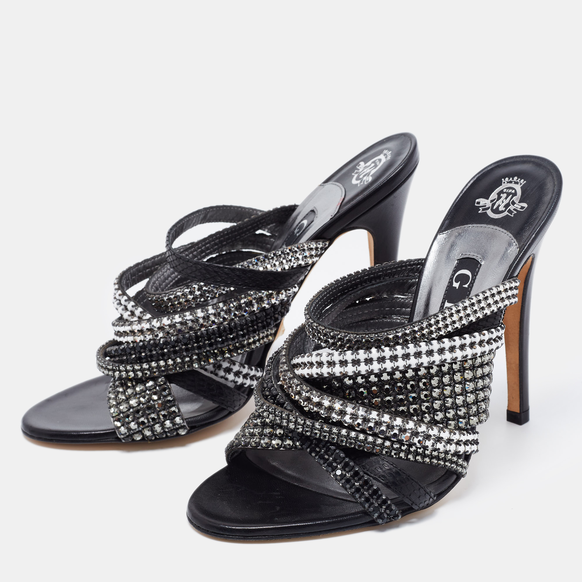 

Gina Black Leather Crystals Embellished Strappy Slide Sandals Size