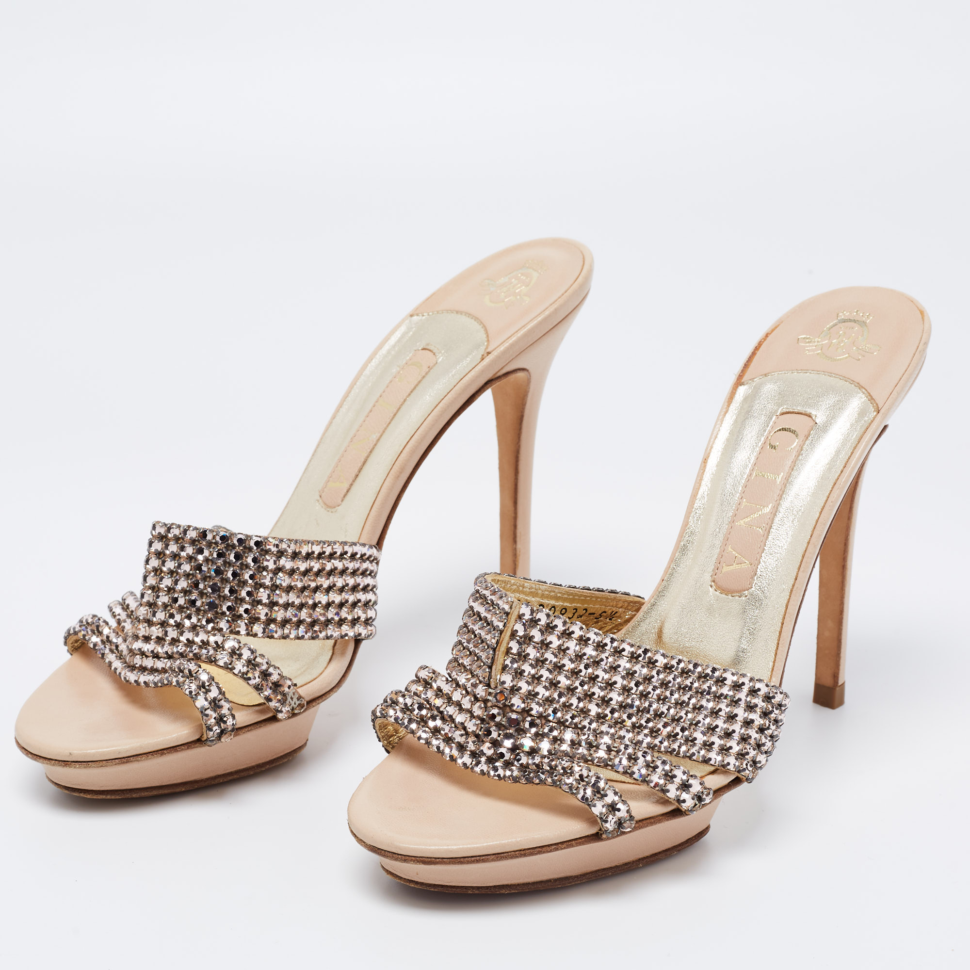 

Gina Beige Leather Crystal Embellished Slide Sandals Size