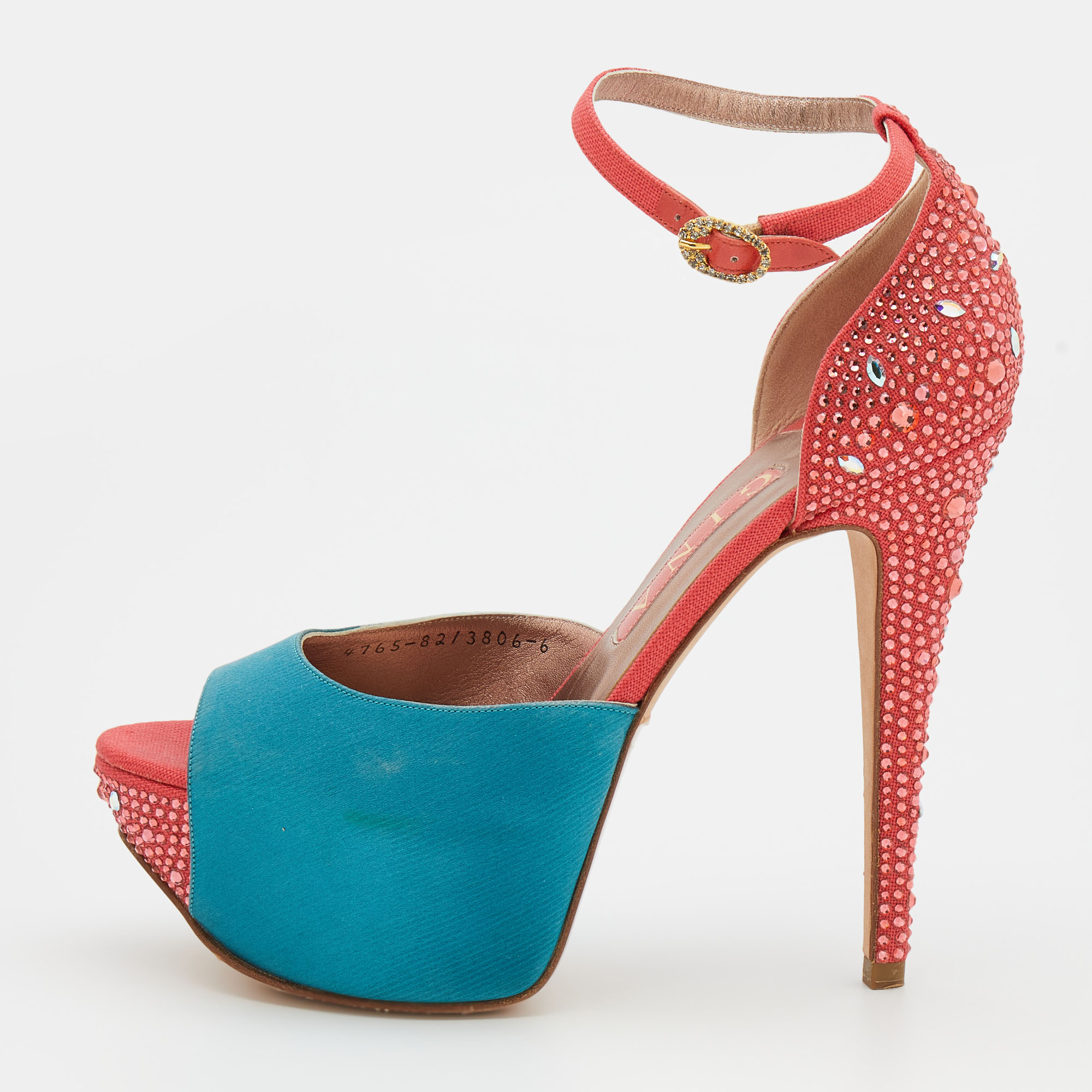 

Gina Turquoise/Red Satin and Canvas Crystal Embellished Platform Ankle Strap Sandals Size 39, Blue