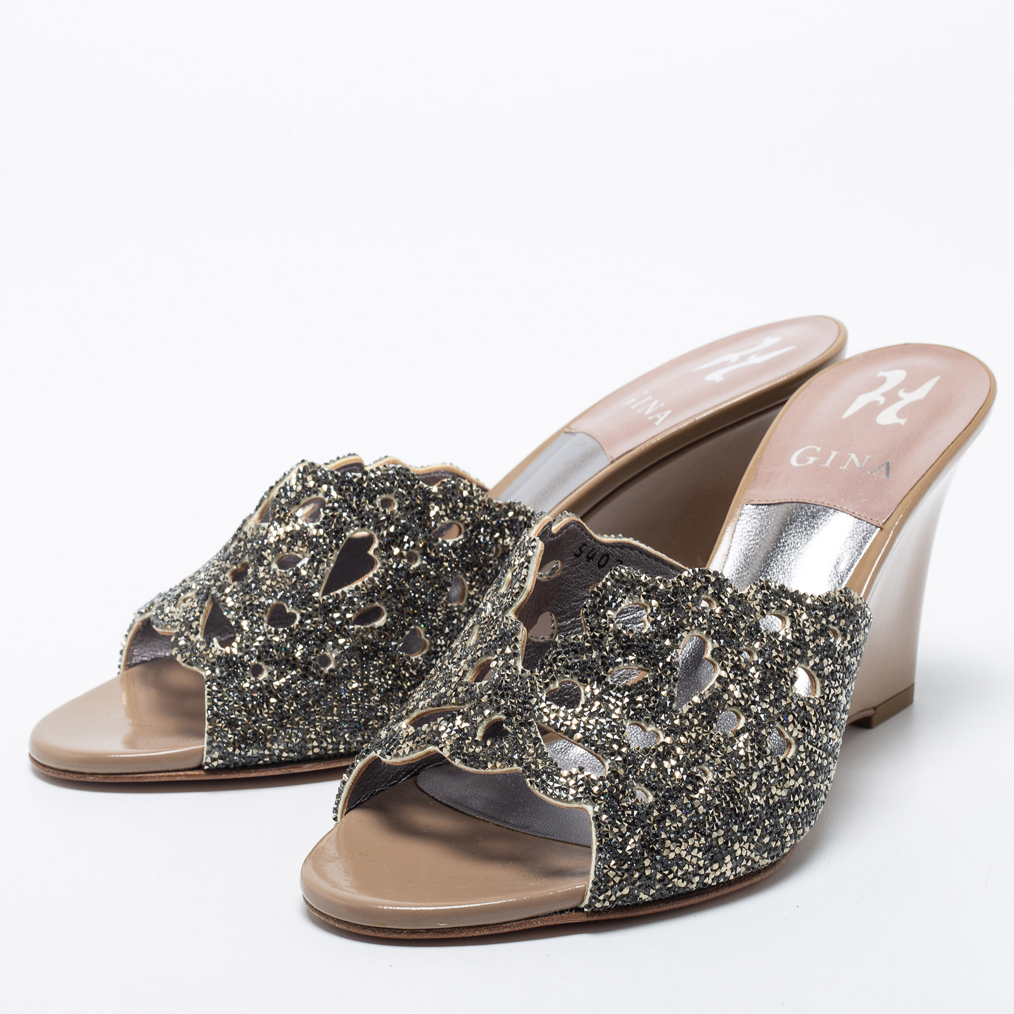 

Gina Brown/Silver Leather Crystal Embellished Wedge Sandals Size