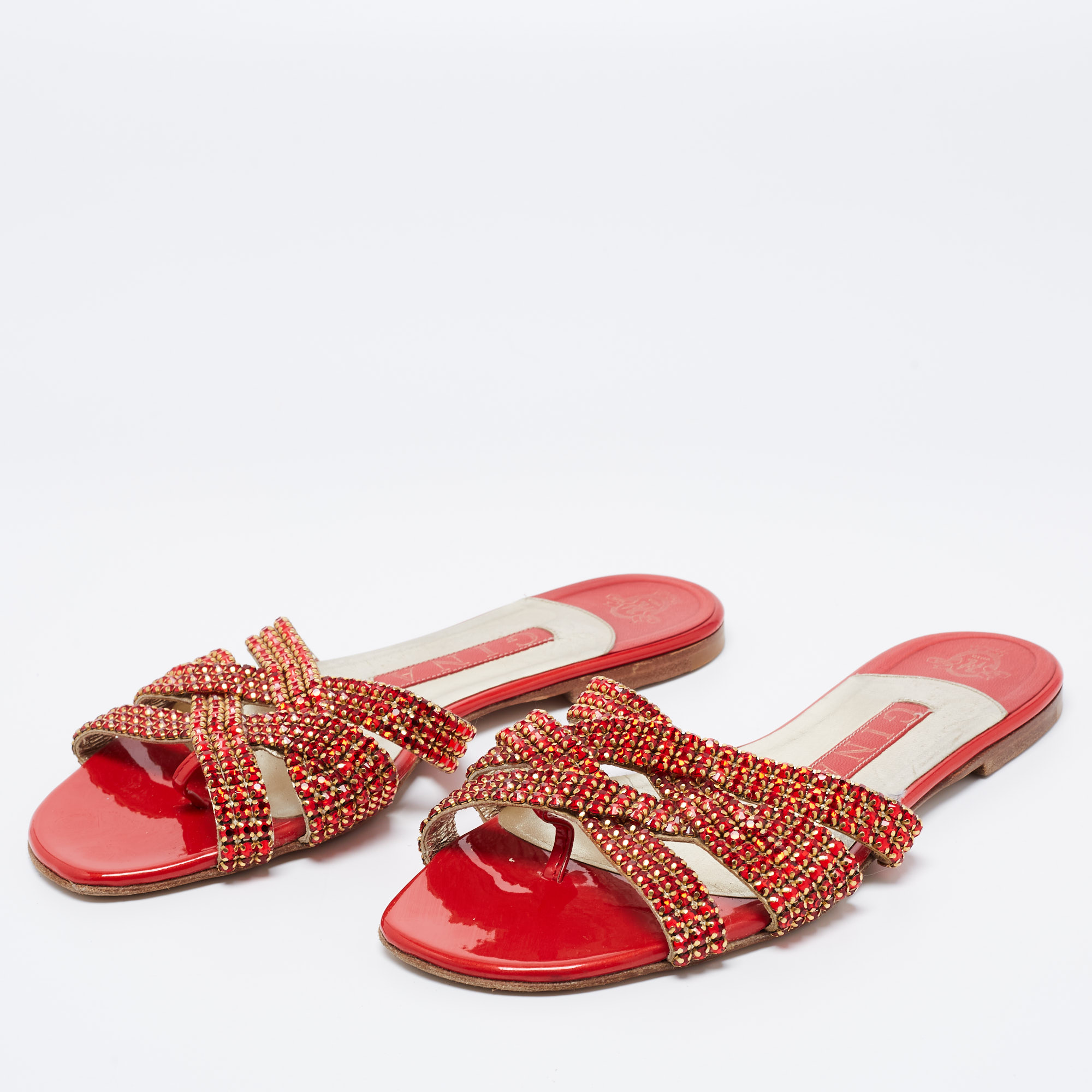 

Gina Red/Gold Crystal Embellished Leather Flat Slides Size