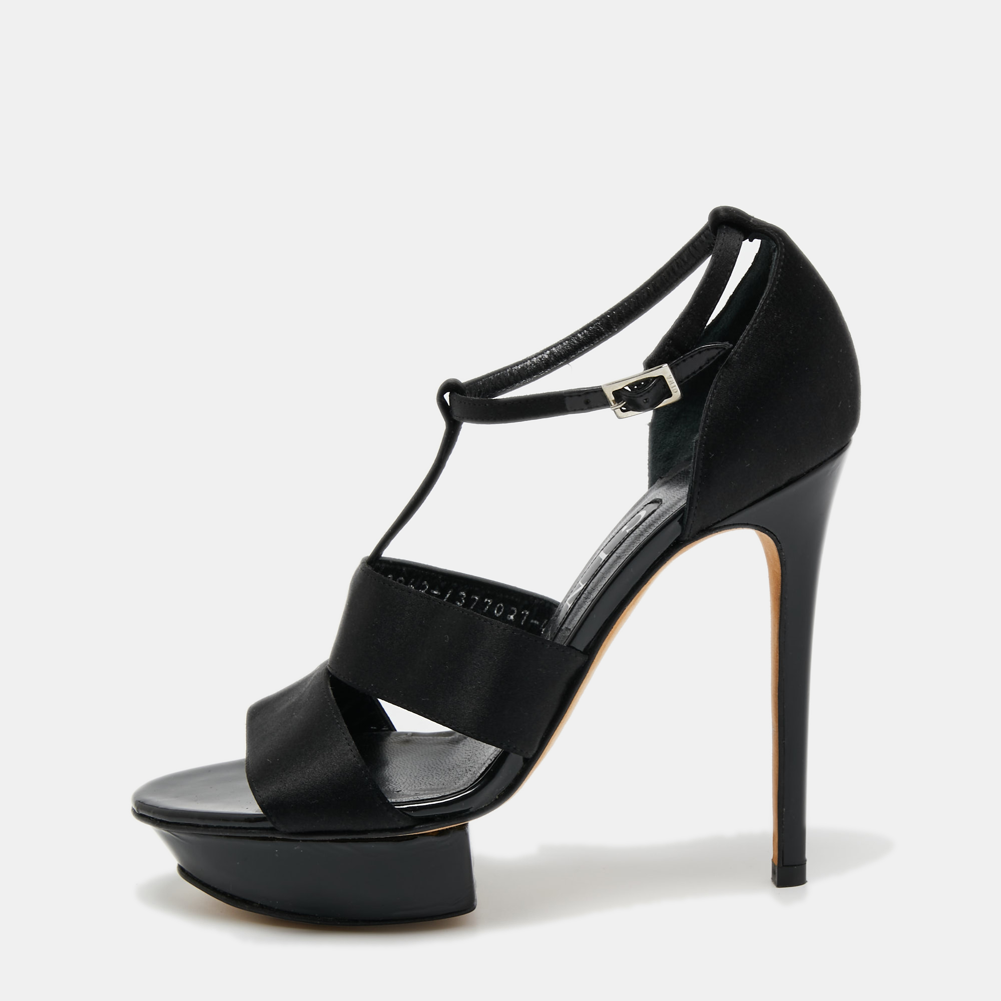 Pre-owned Gina Black Satin Ankle Strap Platform Sandals Size 37.5