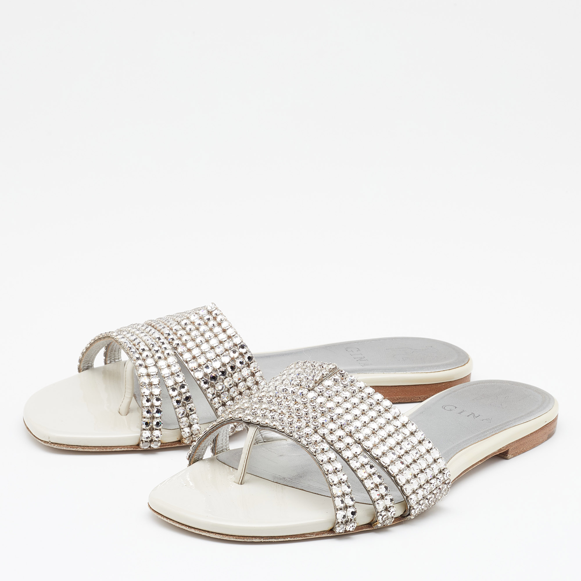 

Gina Off White/Silver Patent Leather Crystal Embellished Flat Slides Size