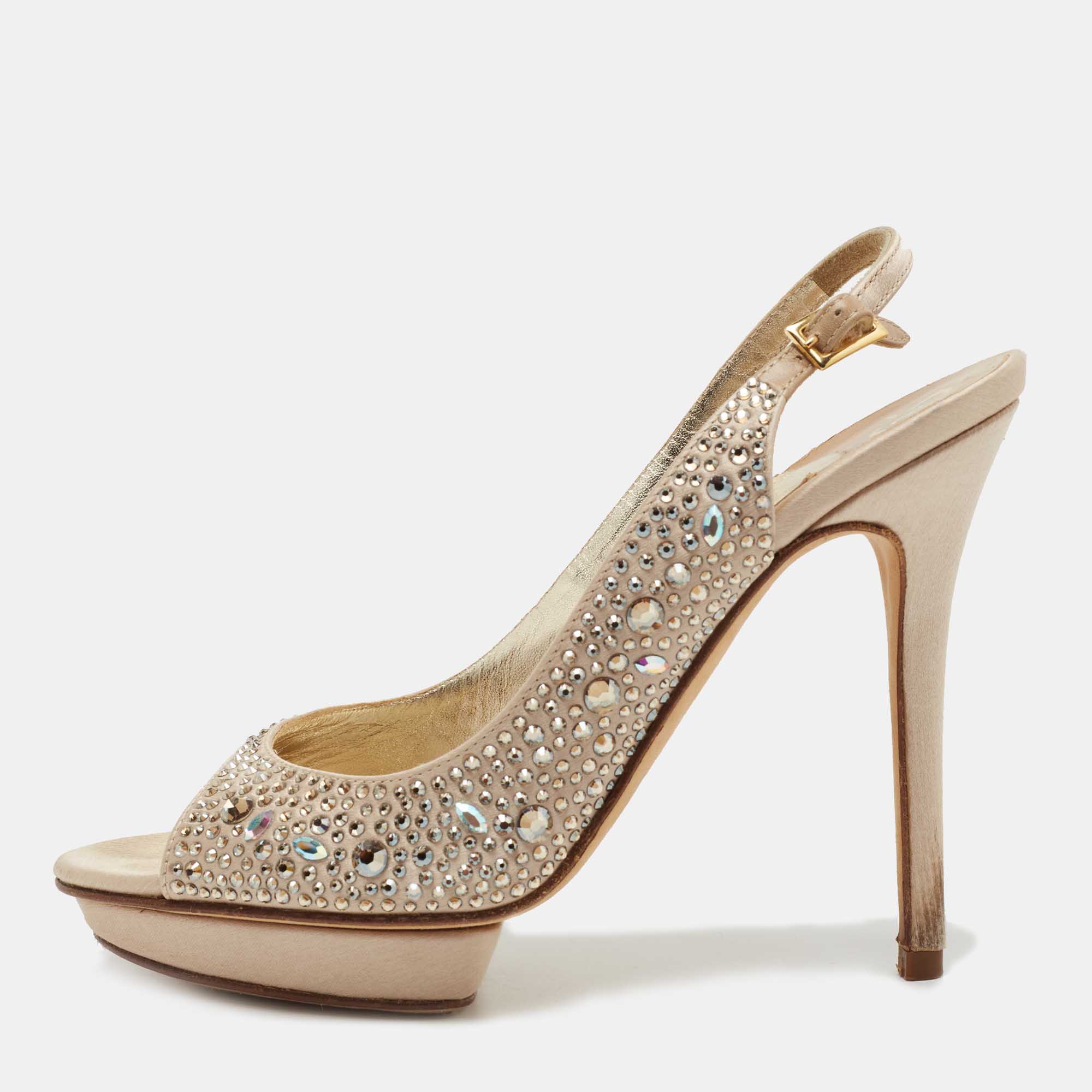 

Gina Gold Satin Crystal Embellished Slingback Sandals Size, Beige