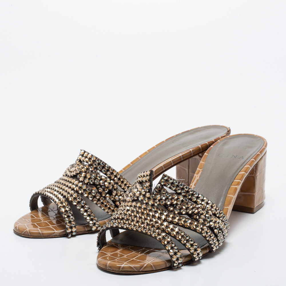 

Gina Olive Green Croc Embossed Leather Crystal Embellished Loren Slide Sandals Size