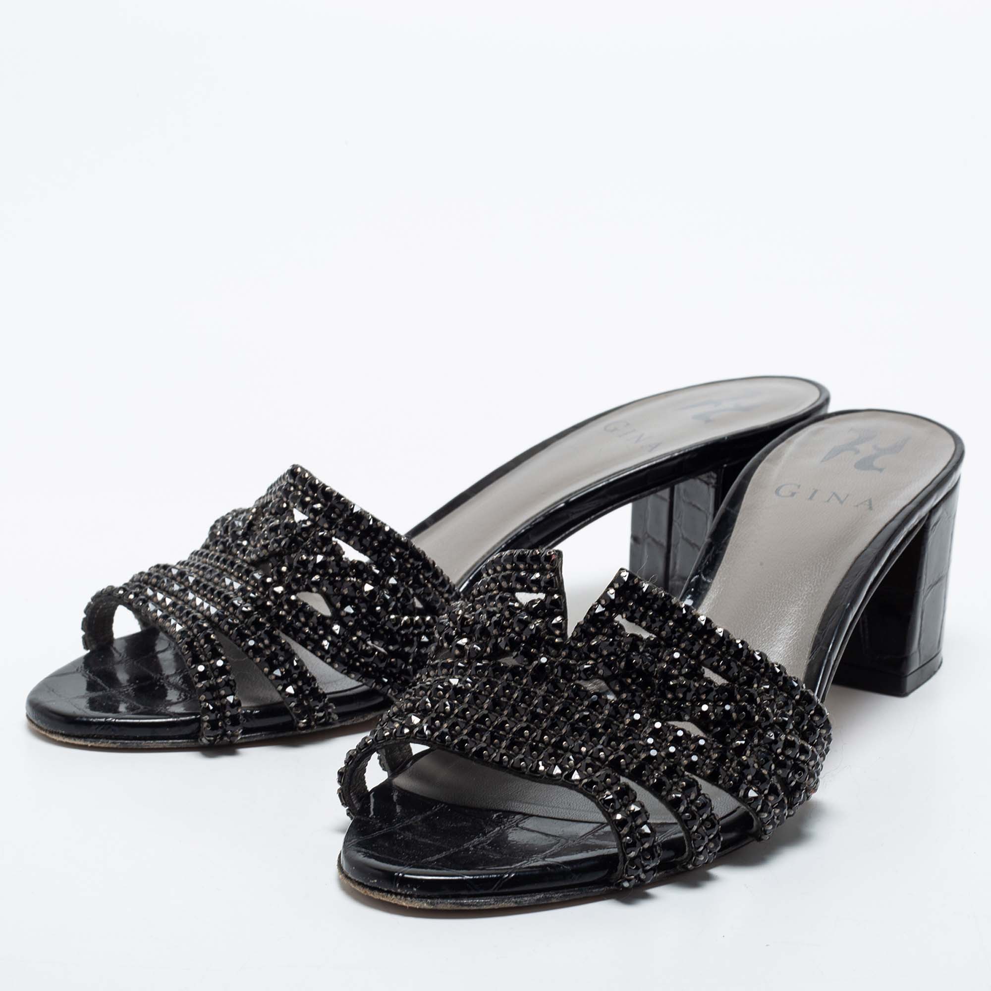 

Gina Black Crystal Embellished Leather Block Heel Slide Sandals Size