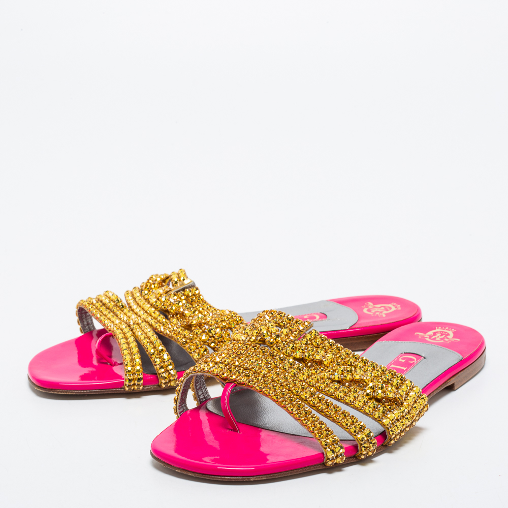 

Gina Pink/Gold Crystals Embellished Patent Leather Flat Slides Size