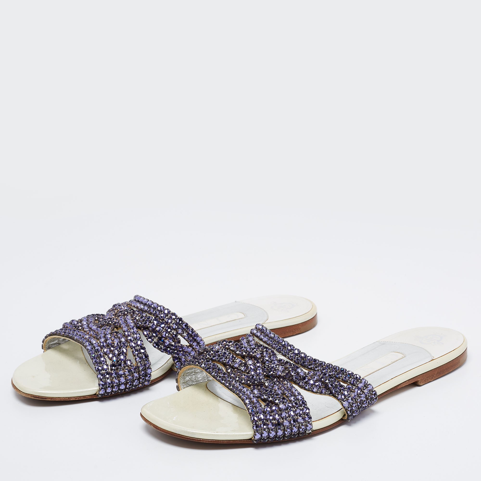 

Gina Purple Leather Crystal Embellished Flat Slides Size