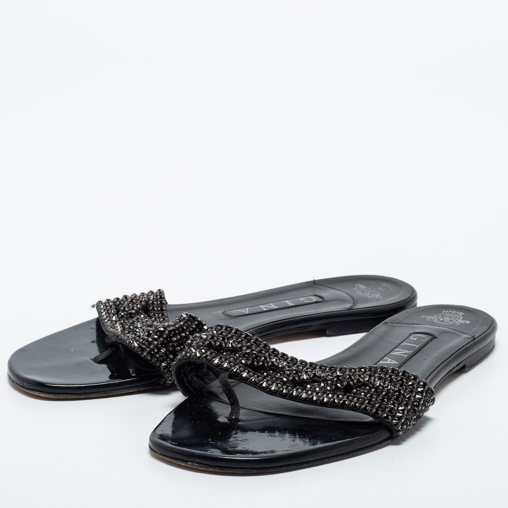 

Gina Black Patent Crystal Embellished Sandals Size