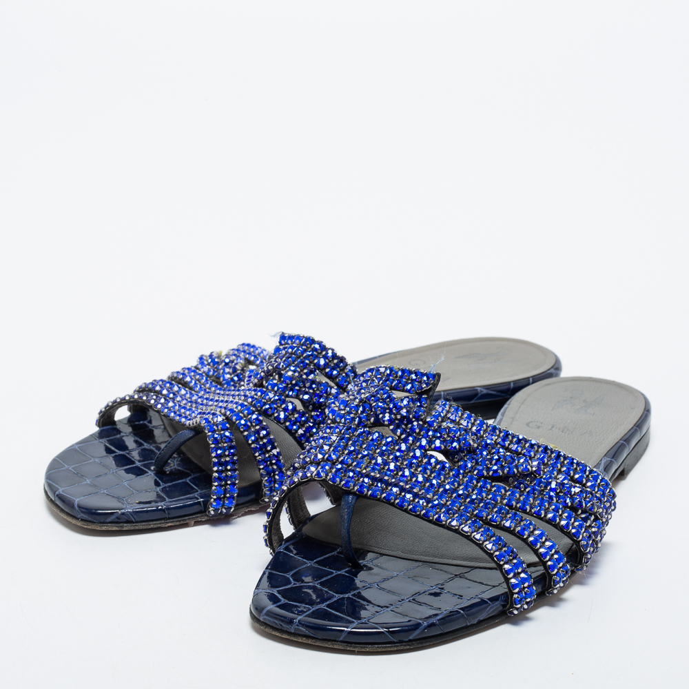 

Gina Blue Crystal Embellished Leather Lexi Flat Slides Size