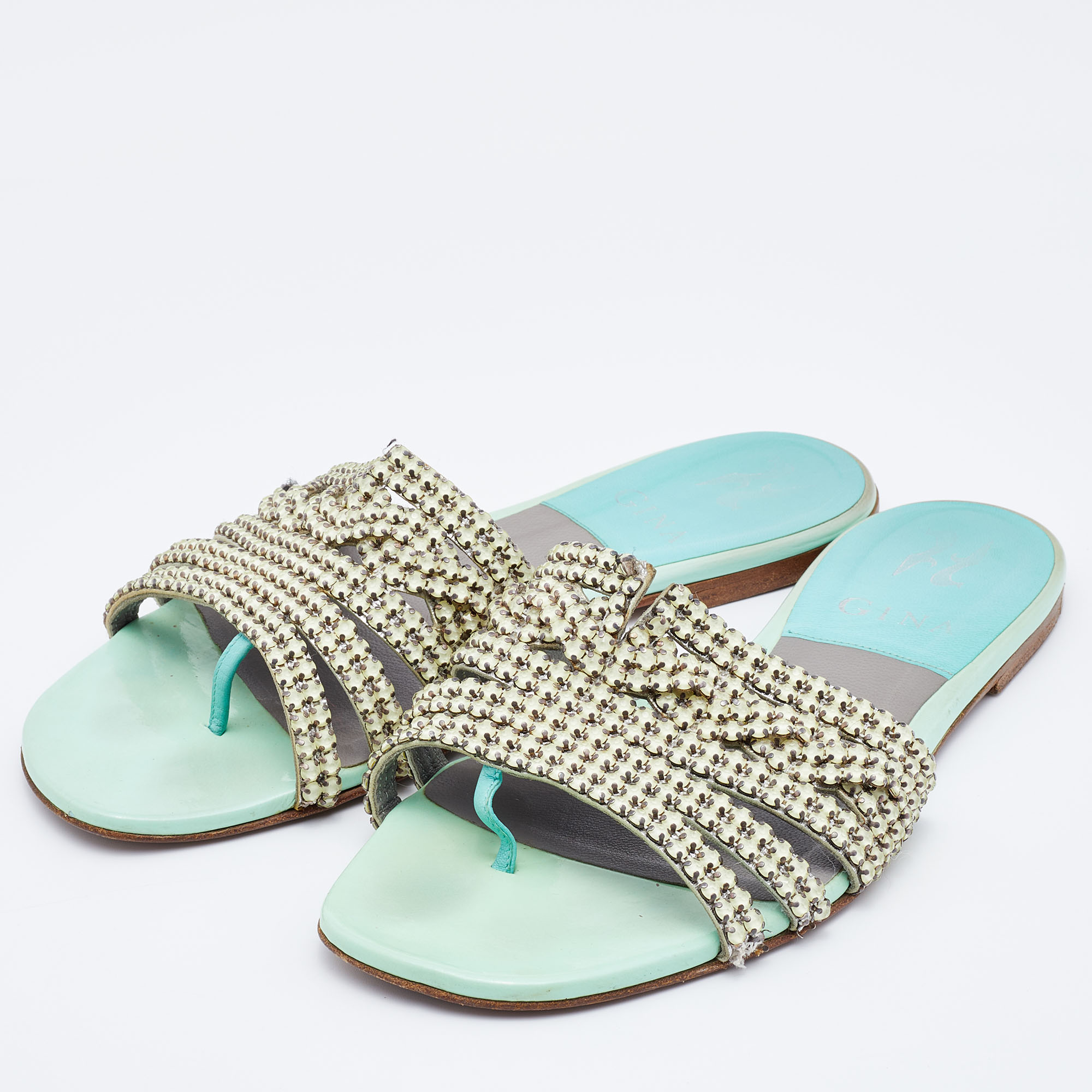 

Gina Green/Grey Crystal Embellished Leather Thong Flat Slides Size