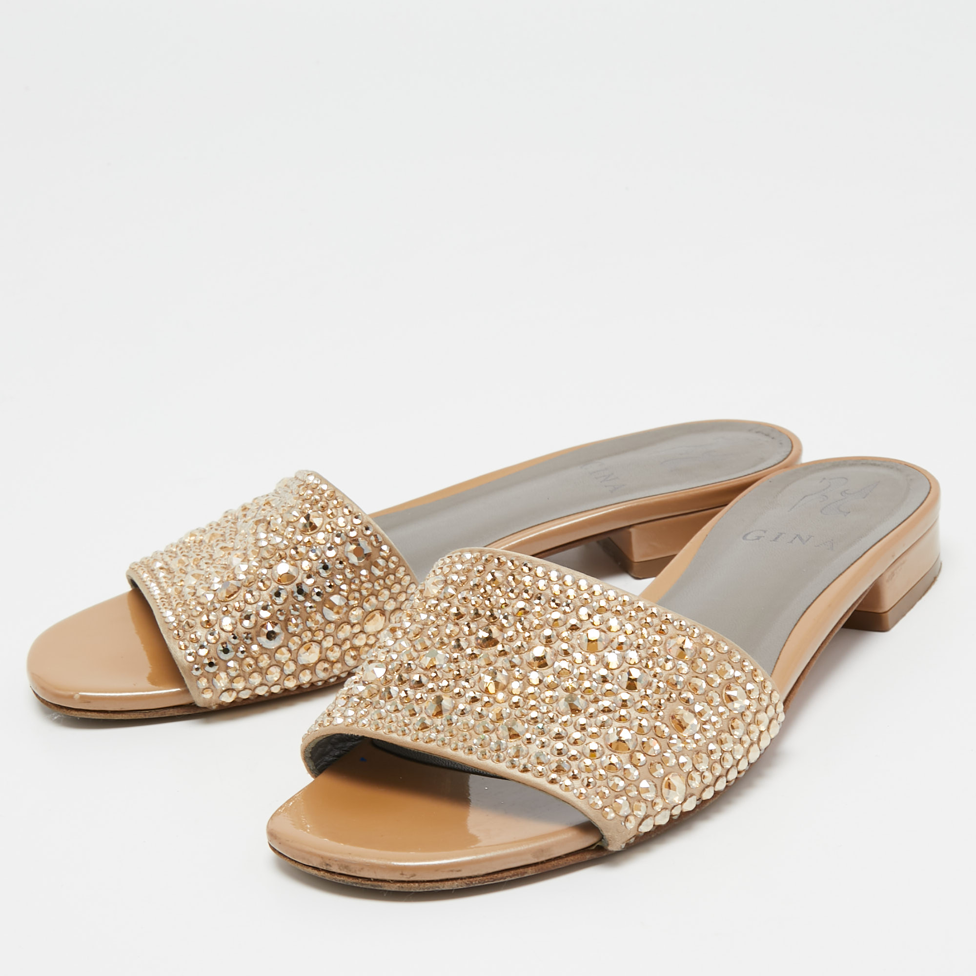 

Gina Gold Satin and Patent Leather Crystal Embellished Flat Slides Size