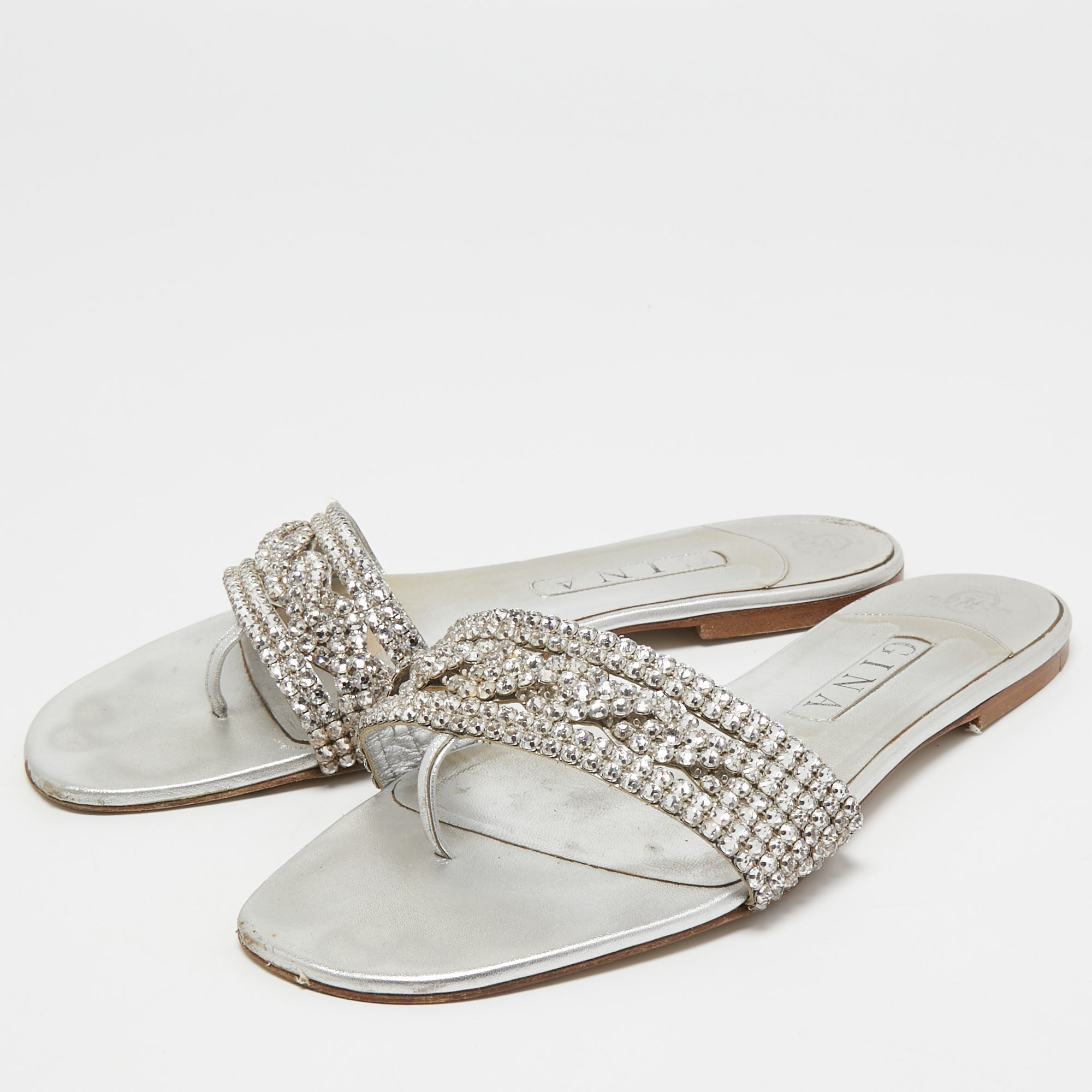 

Gina Silver Crystal Embellished Leather Flat Slides Size