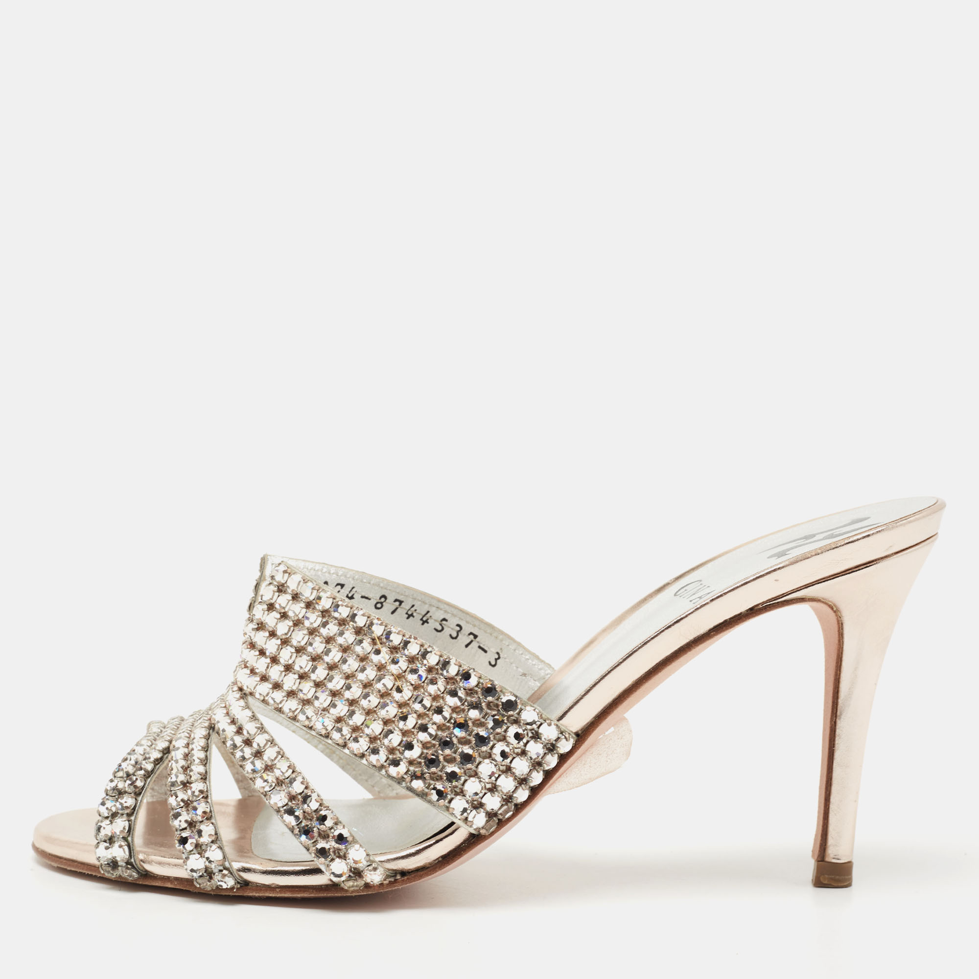 مملوكة مسبقًا Gina Pink Crystal Embellished Leather Slide Sandals Size 36