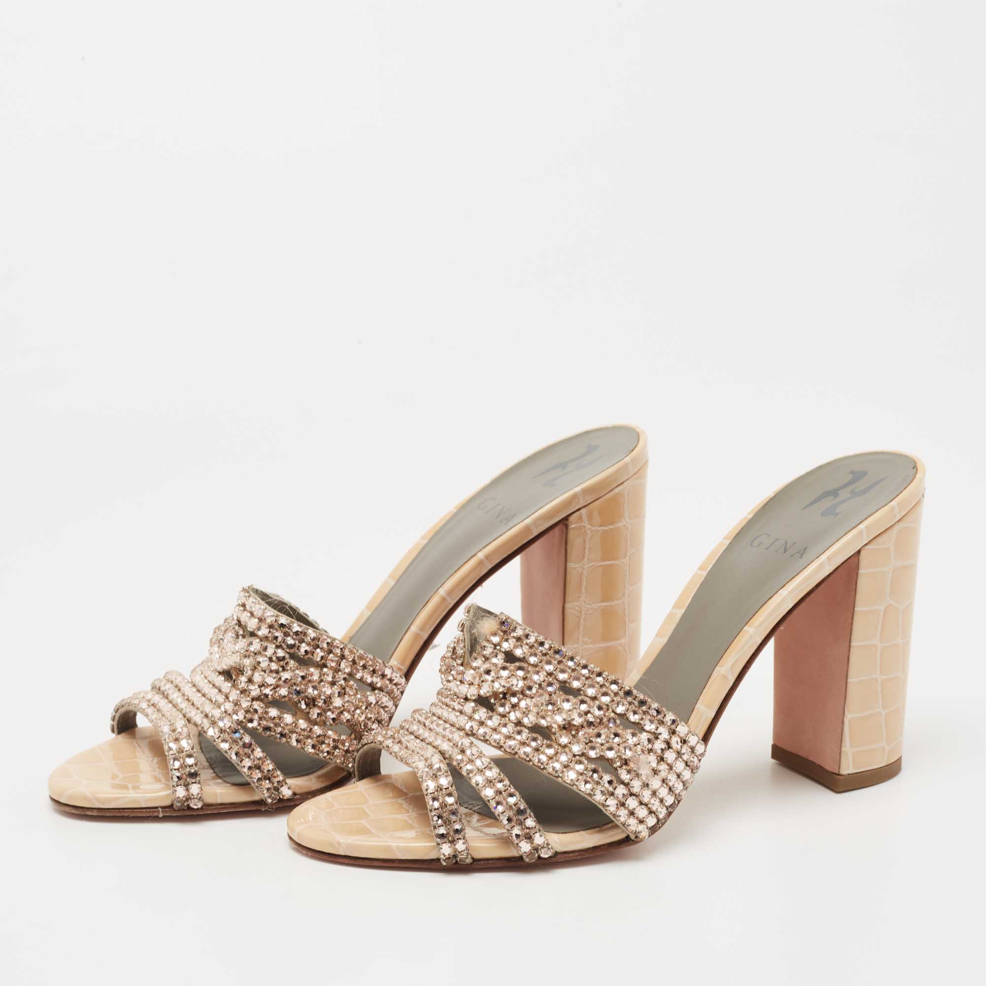 

Gina Beige Crystal Embellished Leather Slide Sandals Size