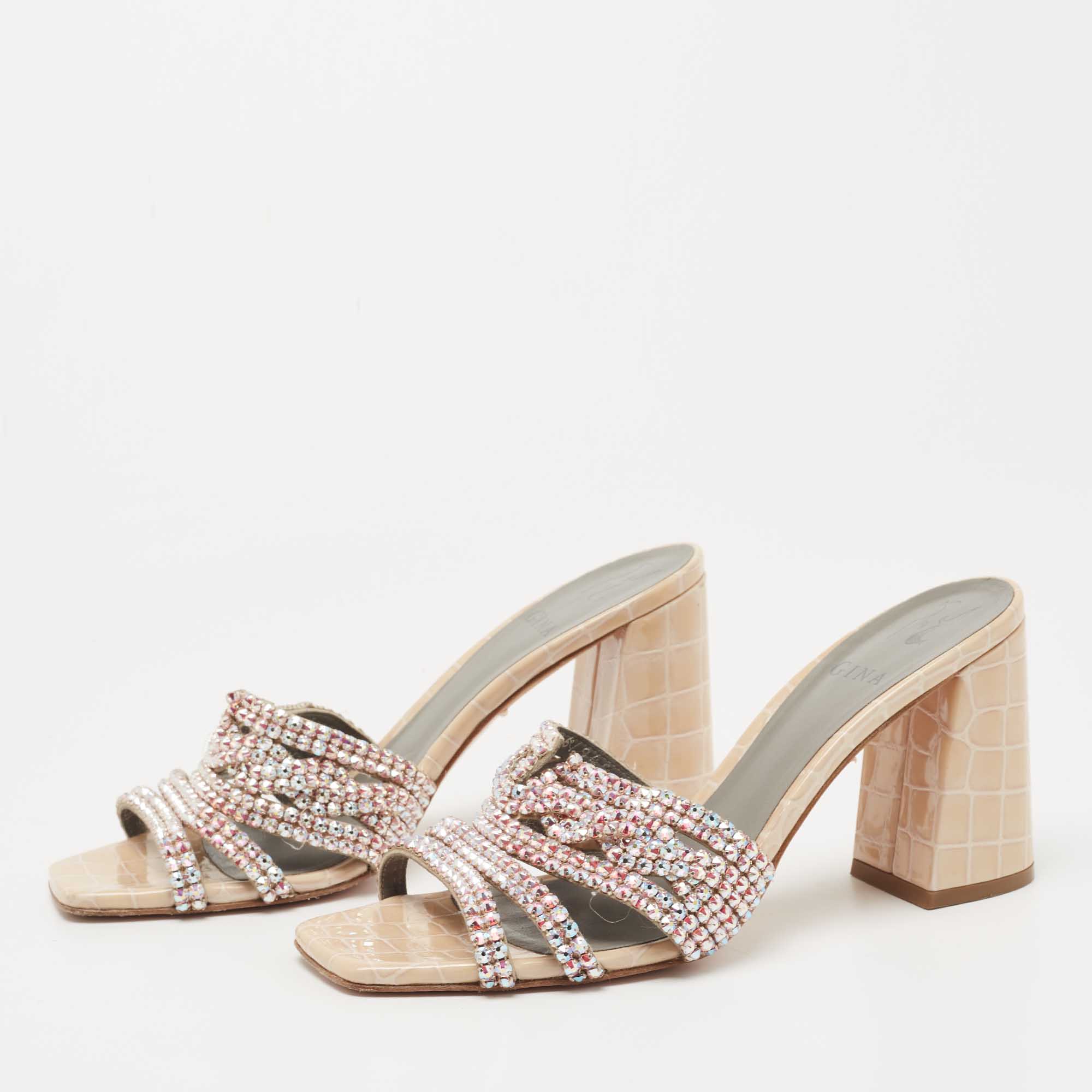 

Gina Beige Crystal Embellished Leather Loren Slide Sandals Size