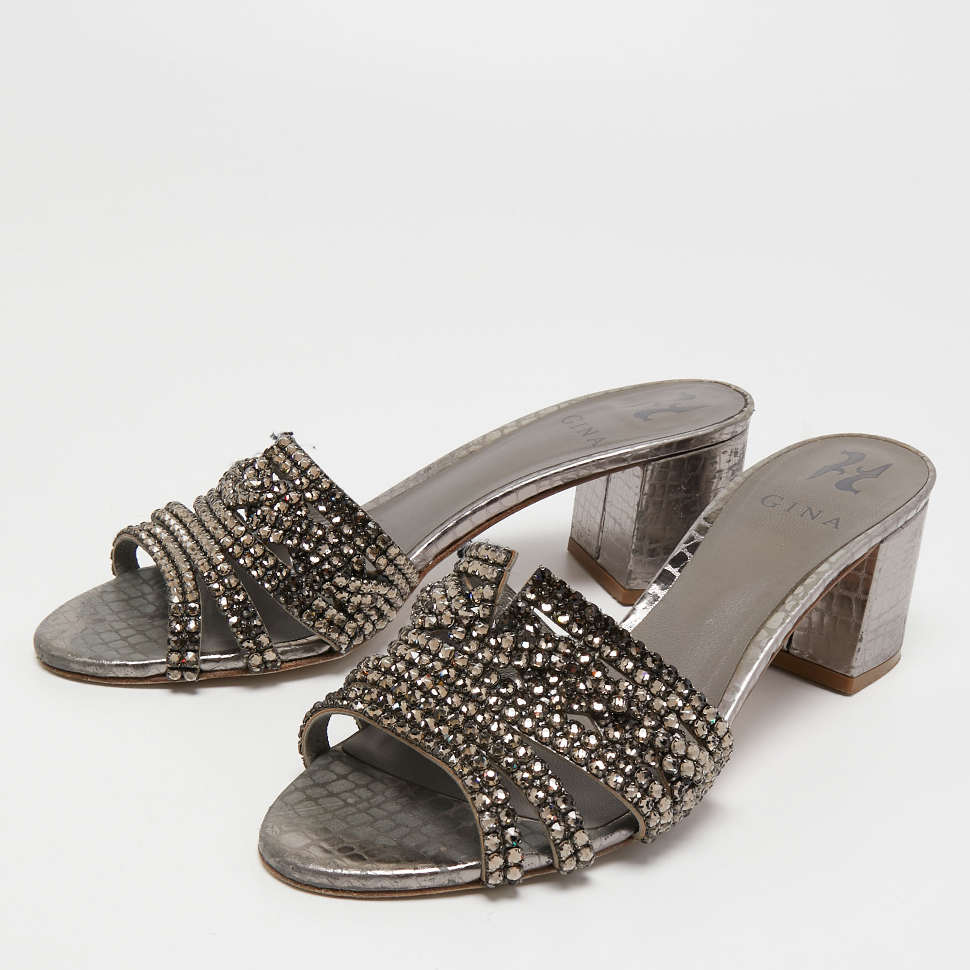 

Gina Silver Croc Embossed Leather Crystal Embellished Slide Sandals Size