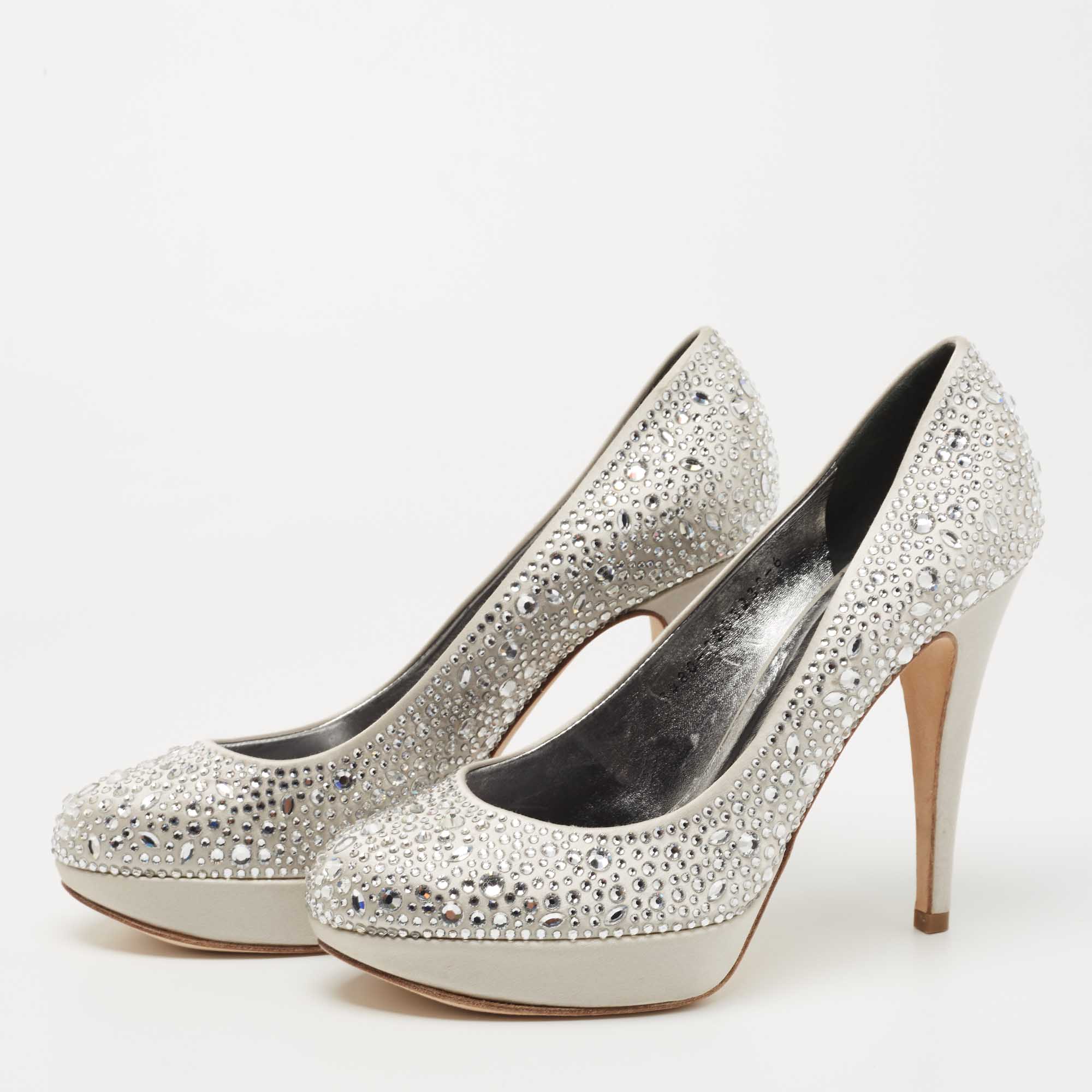 

Gina Silver Crystal Embellished Satin Platform Pumps Size