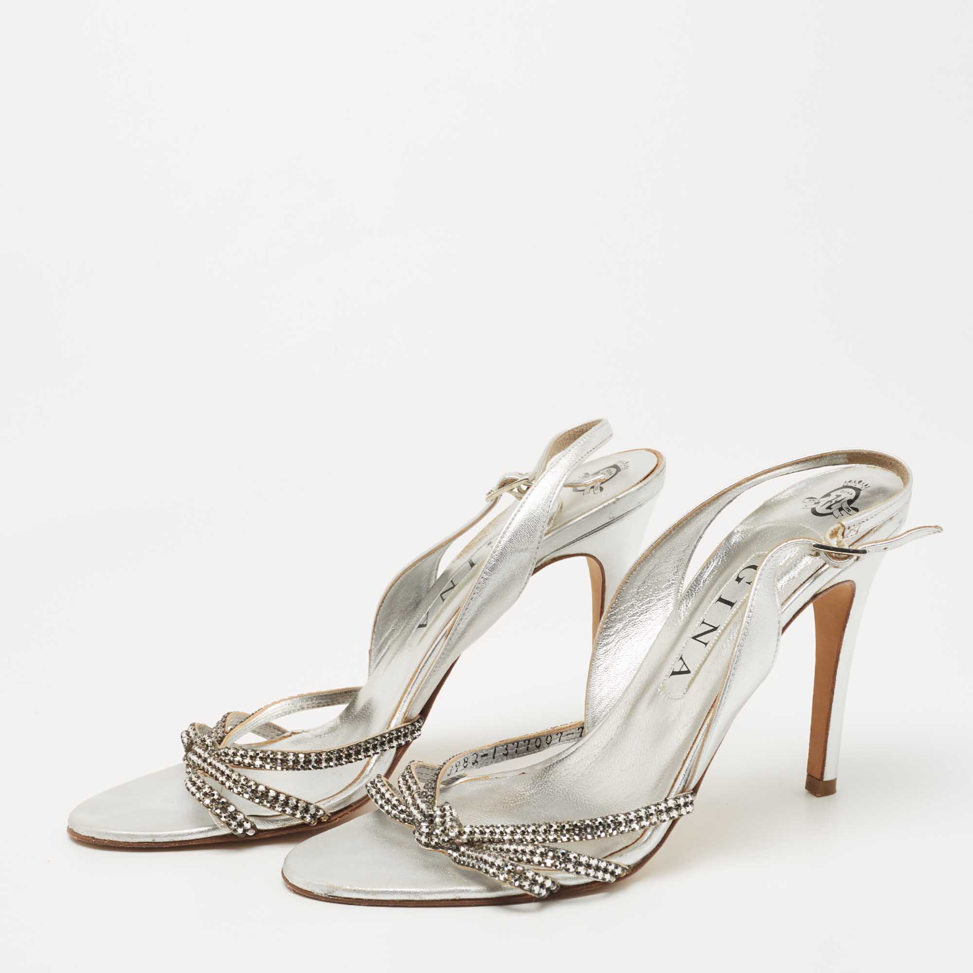 

Gina Silver Leather Crystal Embellished Slingback Sandals Size