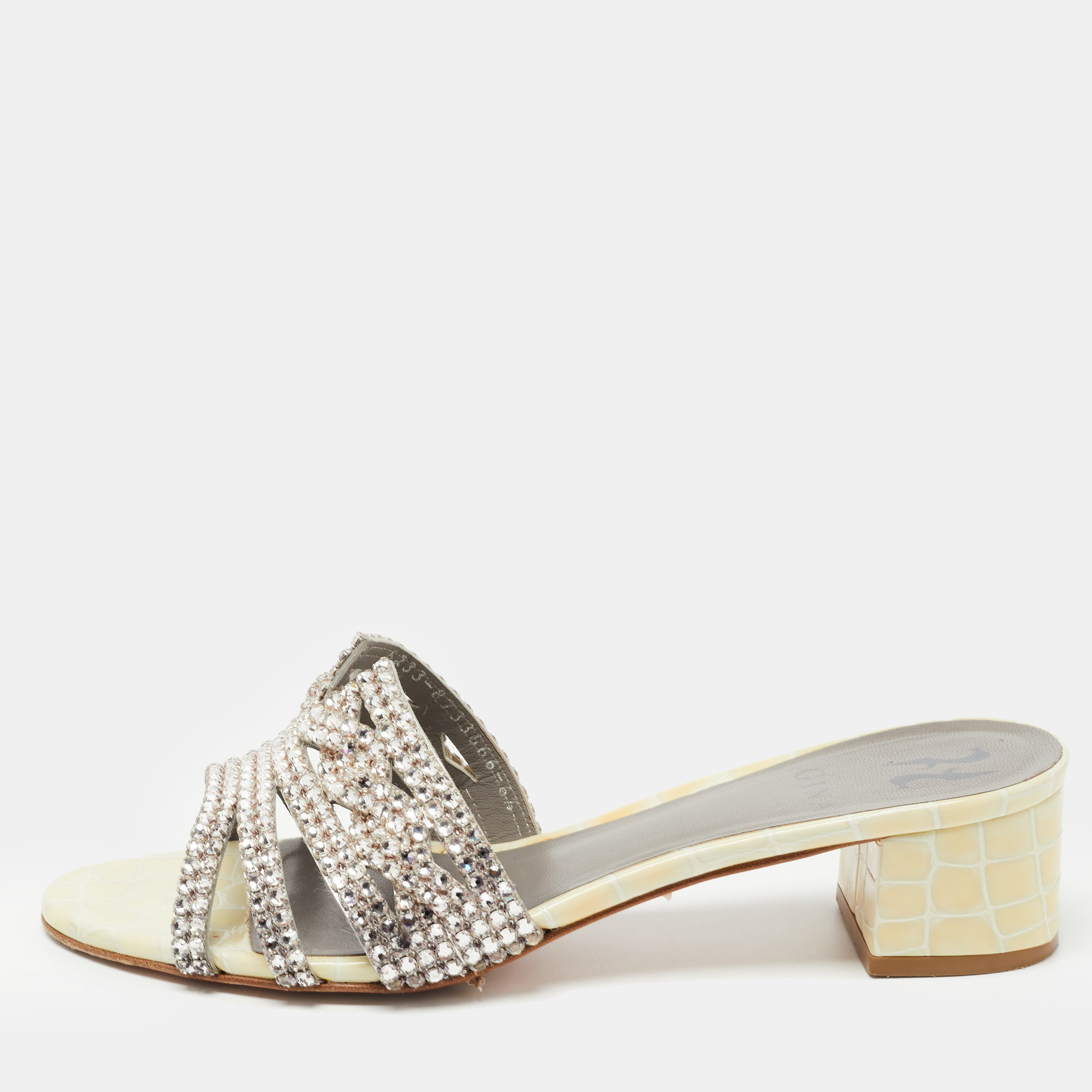Pre Owned Gina Cream Croc Embossed Patent Leather Crystal Embellished Hayworth Sandals Size 39.5