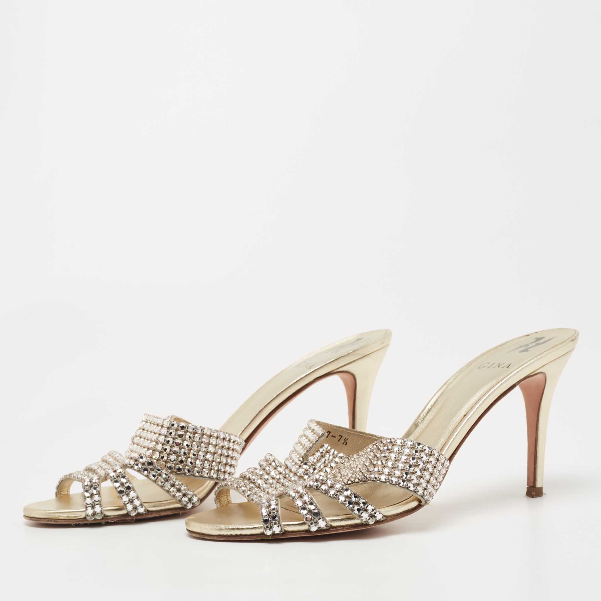 

Gina Gold Crystal Embellished Leather Slide Sandals Size