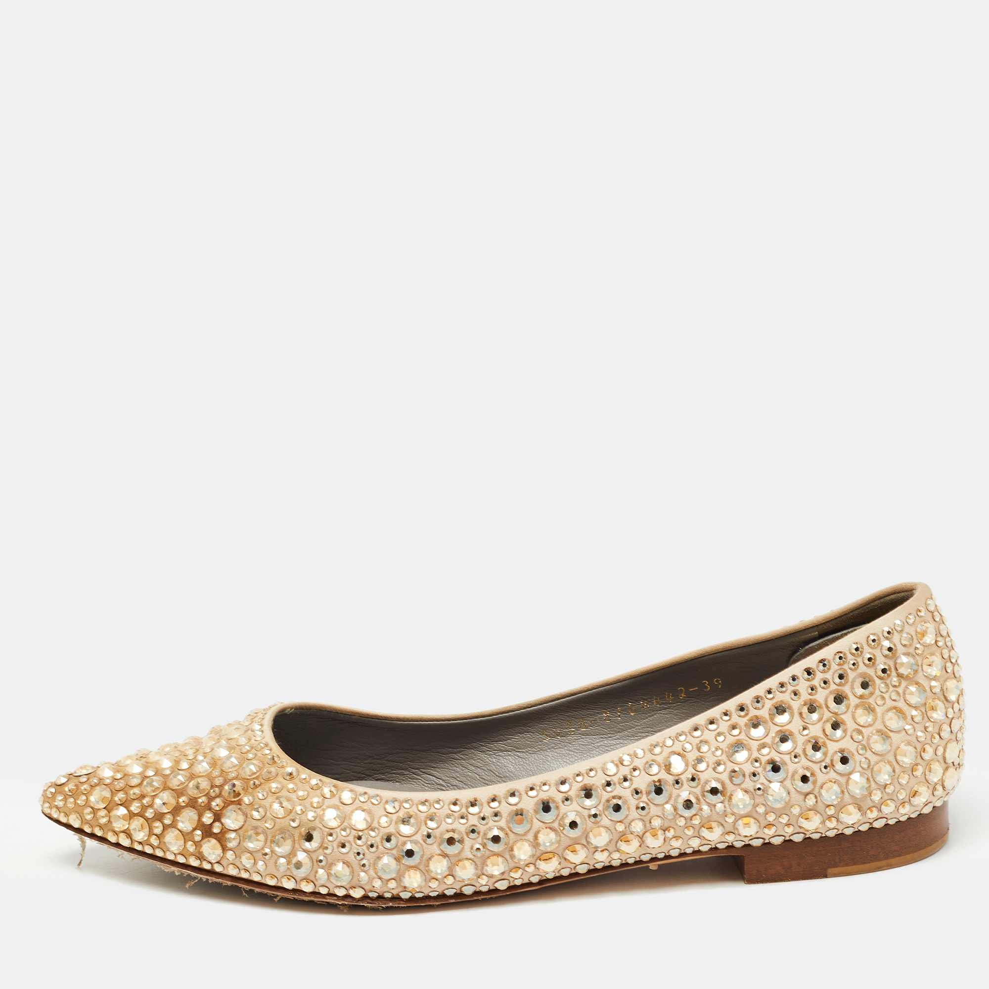 Pre-owned Gina Gold Satin Embellished Ballet Flats Size 39