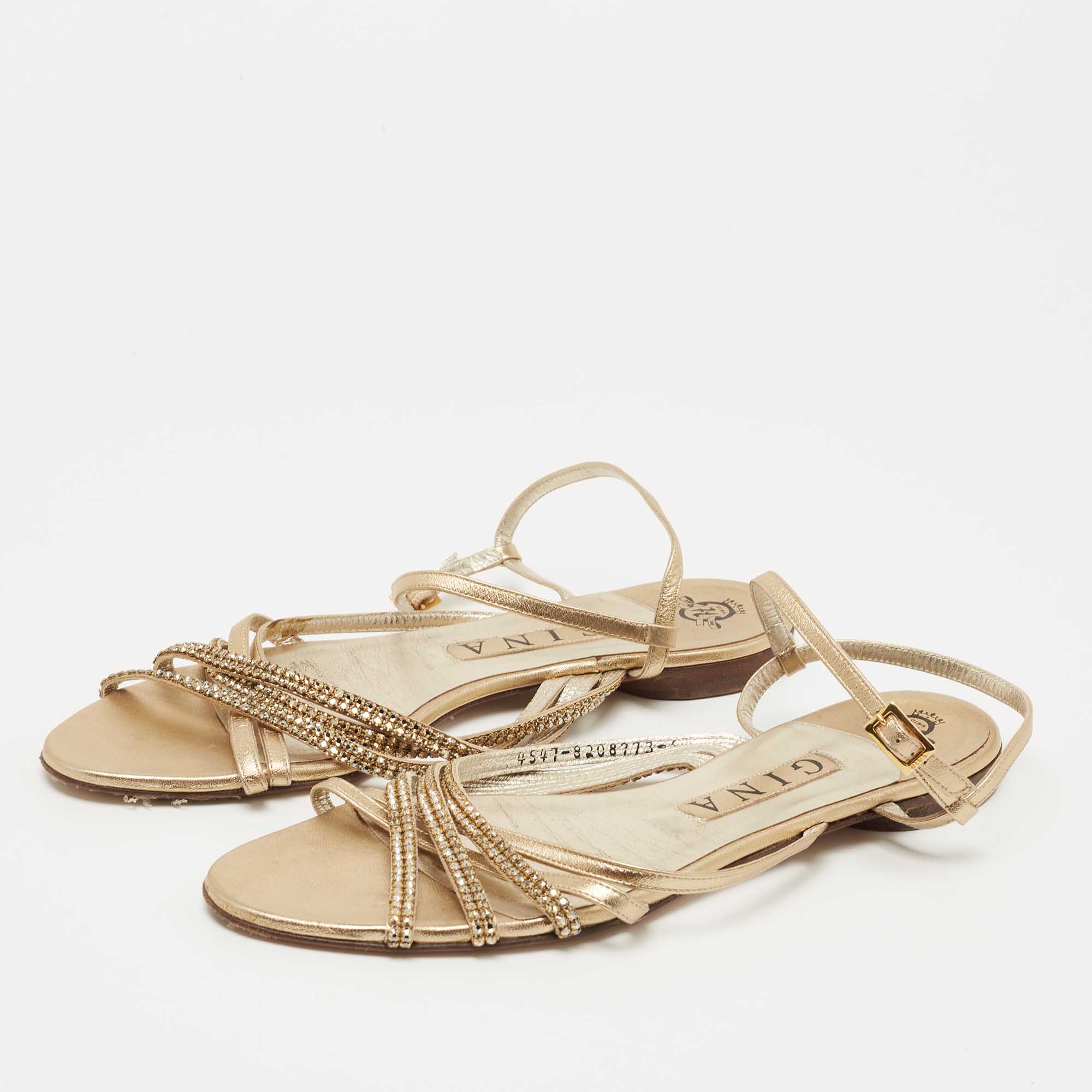 

Gina Gold Crystal Embellished Leather Flat Ankle Strap Sandals Size