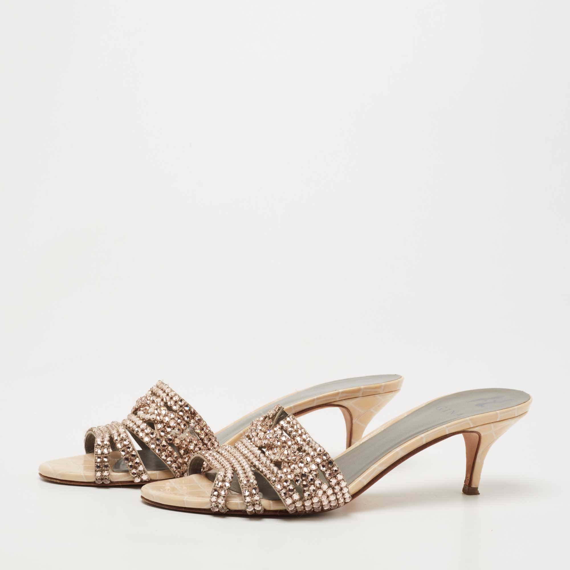 

Gina Golden Croc Embossed Leather Crystal Embellished Slides Size, Gold