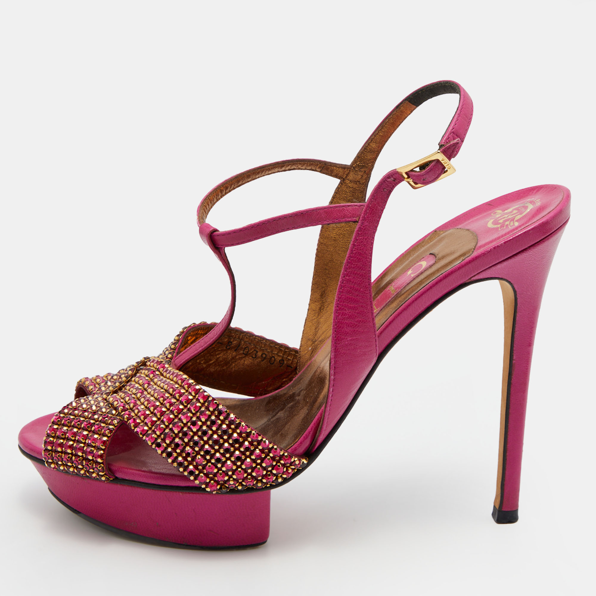 Pre-owned Gina Pink Leather Sheridan Crystal Embellished Platform T-strap Sandals Size 39