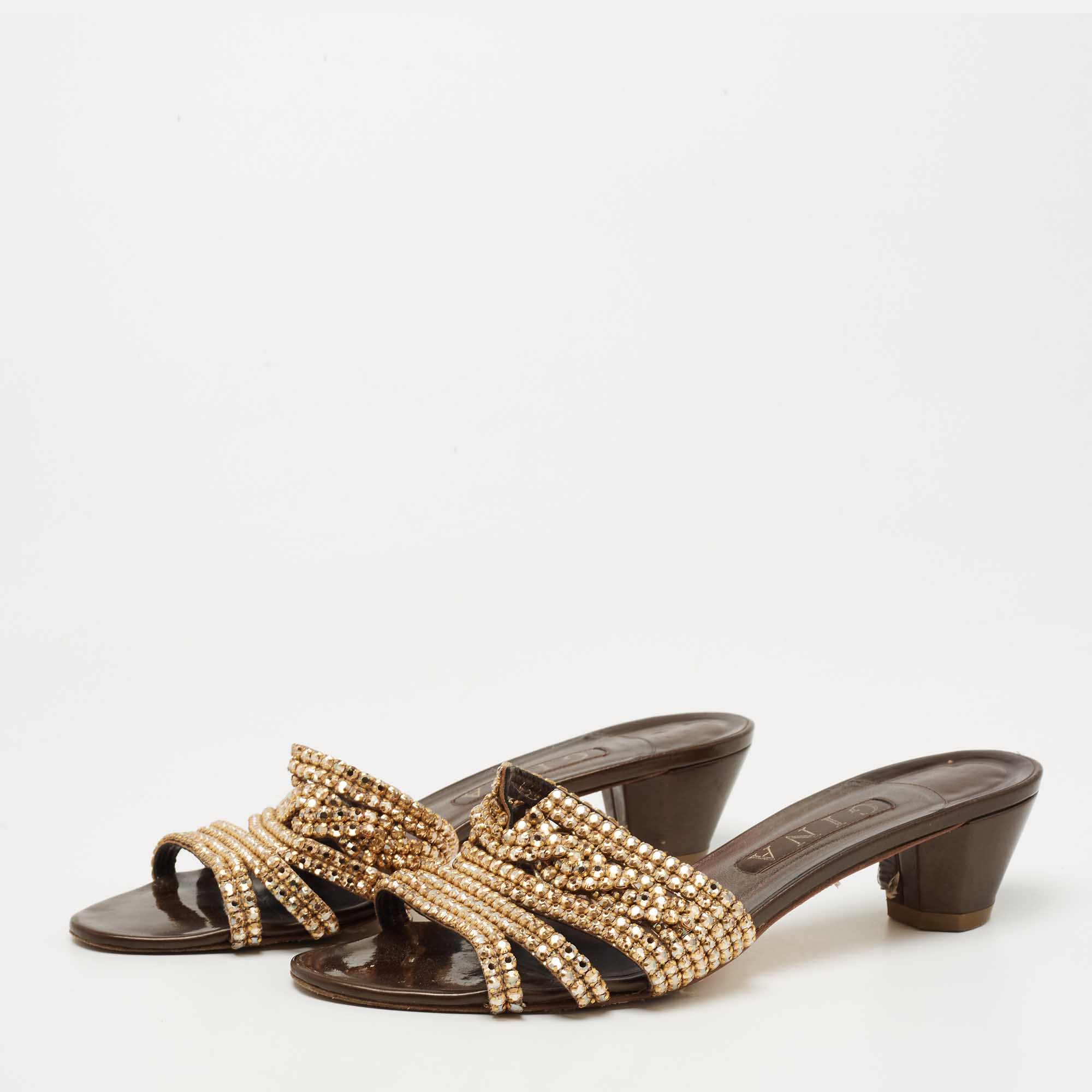 

Gina Gold Leather Crystral Embellished Slides Size