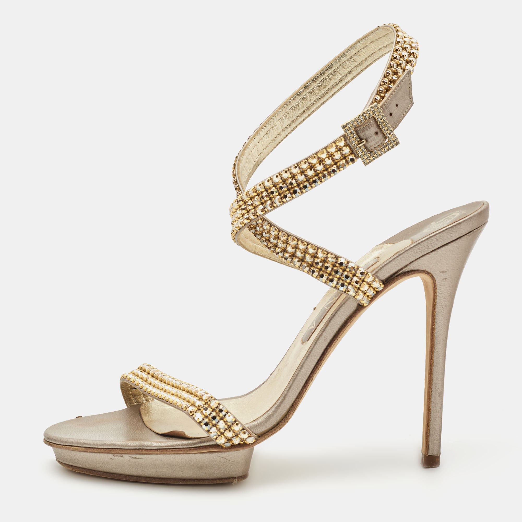 Pre-owned Gina Bronze/gold Leather Crystal Platform Ankle Strap Sandals Size 40