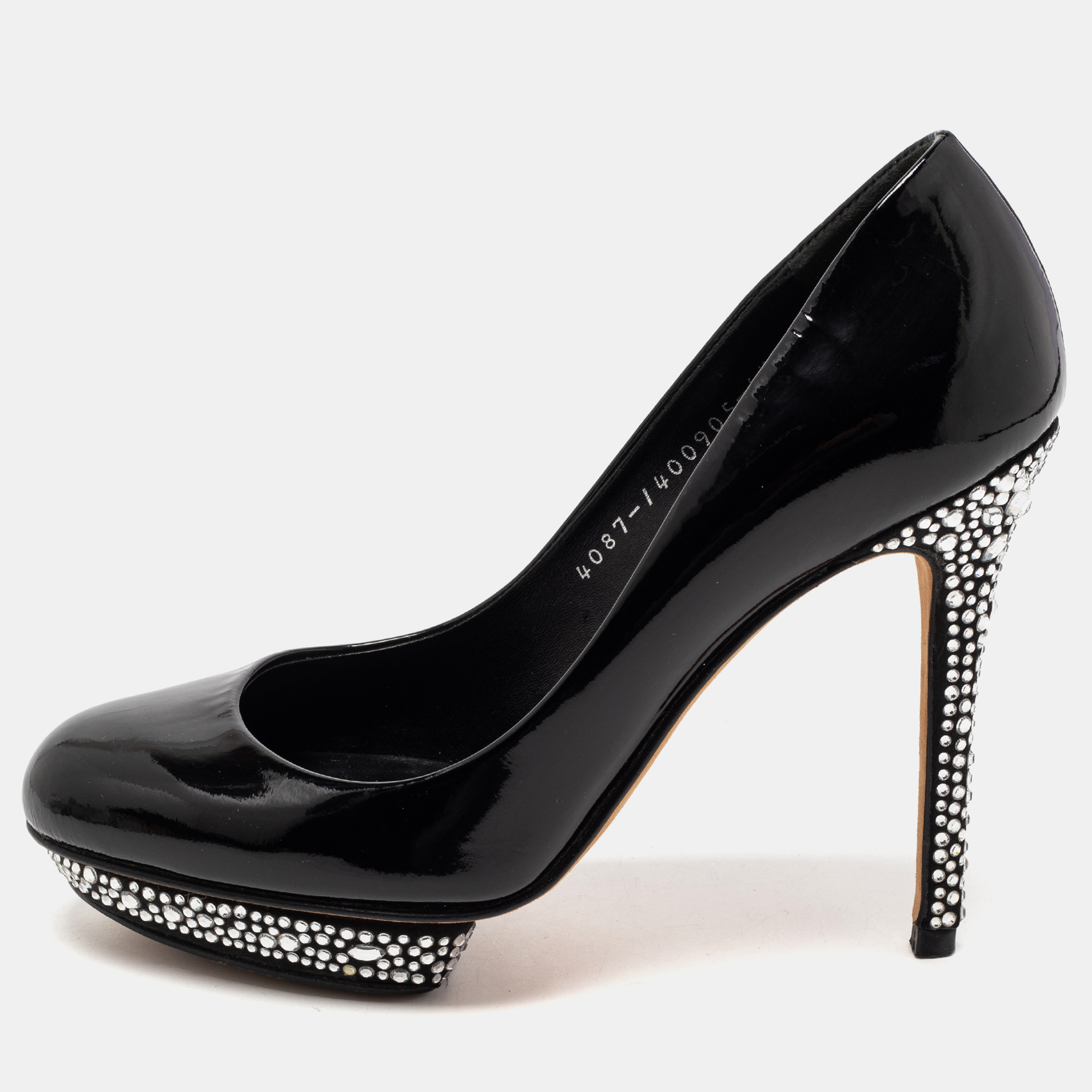 Pre-owned Gina Black Patent Leather Crystal Embellished Heel Platform Pumps Size 37.5