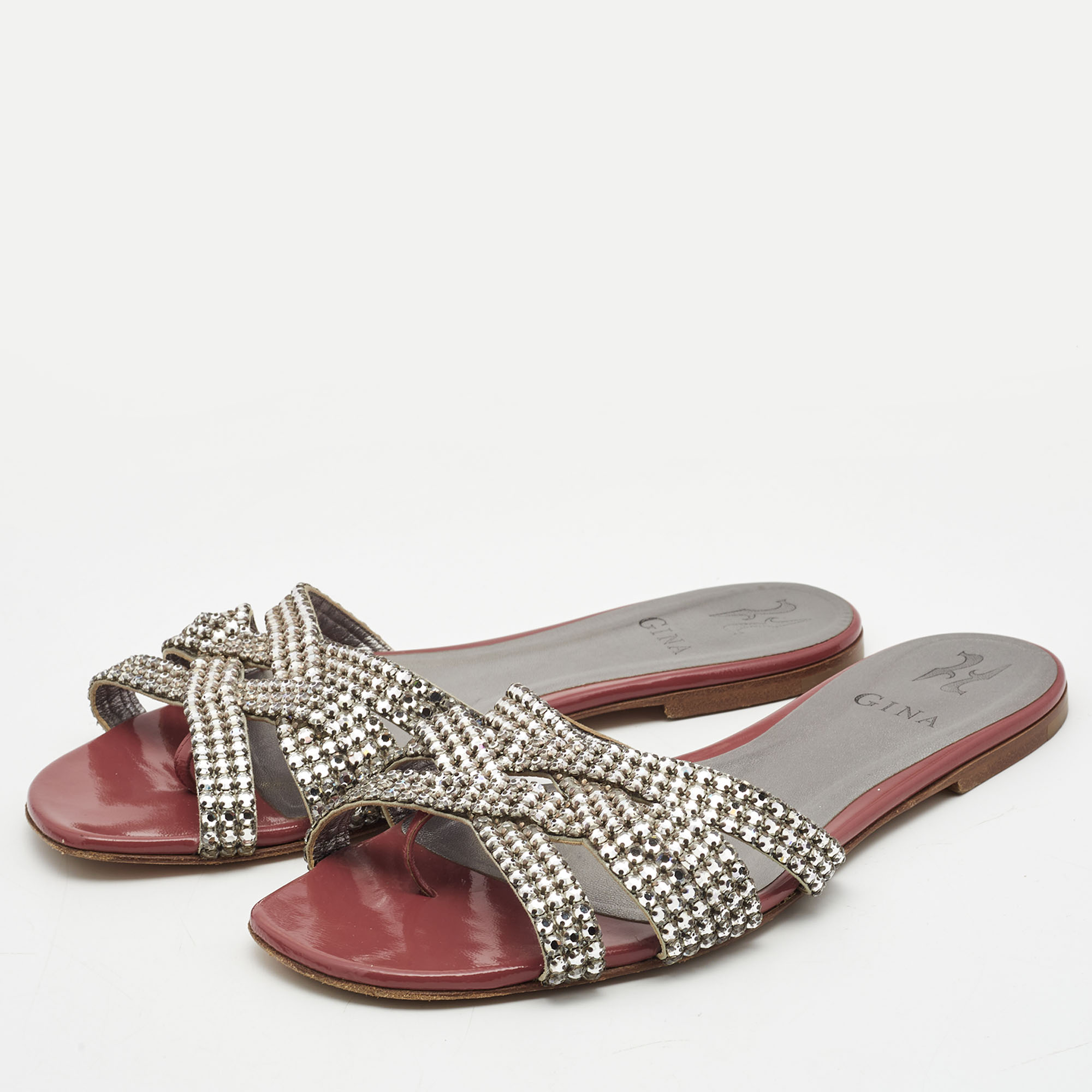 

Gina Silver/Brown Leather and Patent Crystal Embellished Slide Flats Size