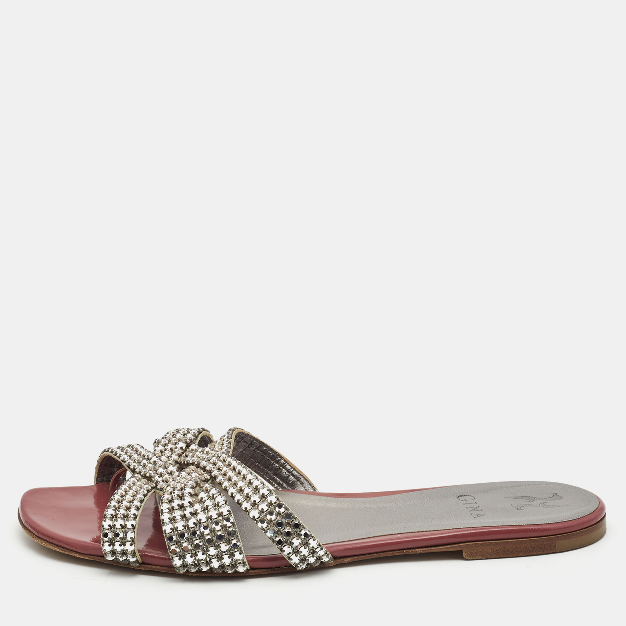 Pre Owned Gina Silver/Brown Leather and Patent Crystal Embellished Slide Flats Size 40