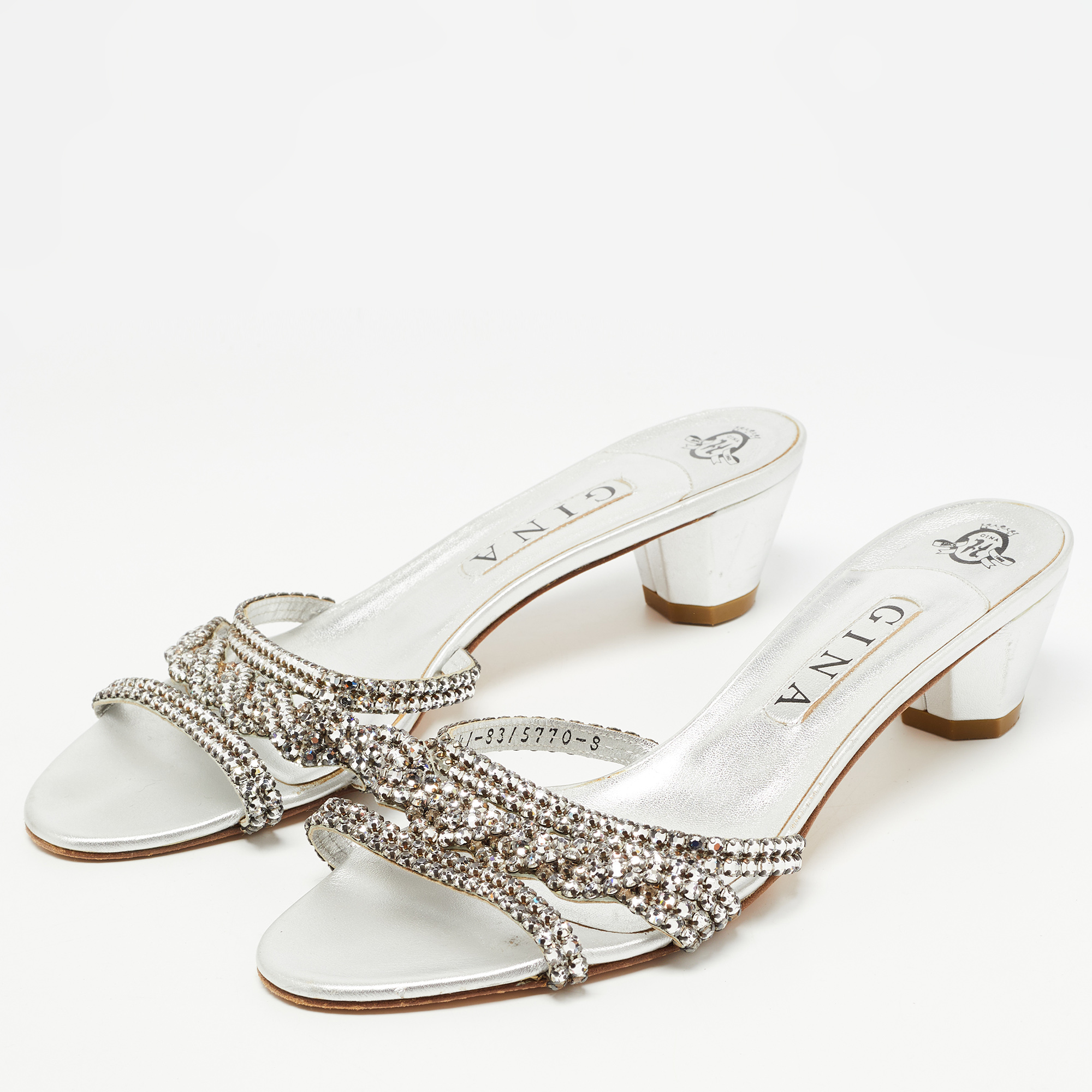 

Gina Silver Leather Crystal Embellished Slide Sandals Size