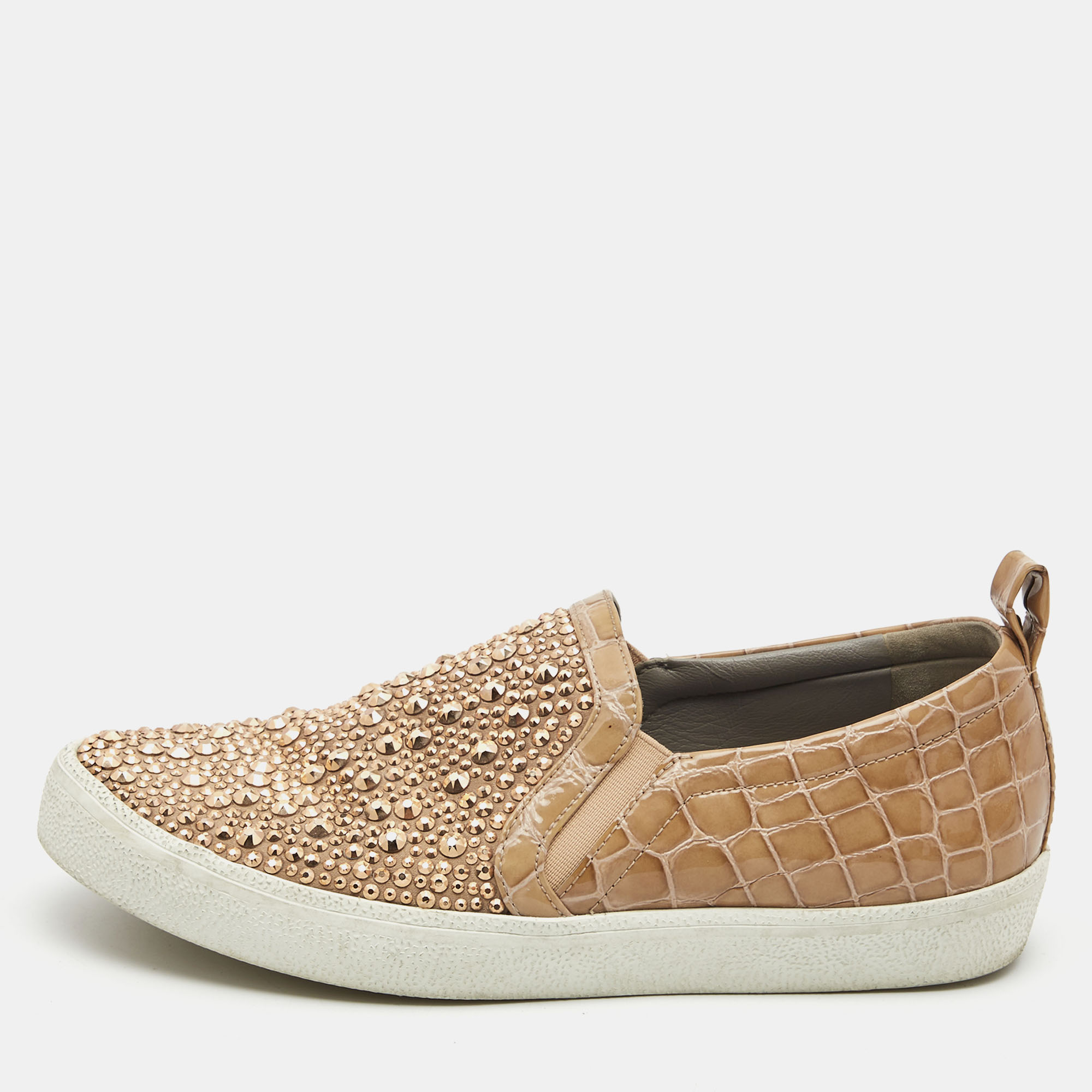 

Gina Beige Croc Embossed Leather and Crystal Embellished Slip On Sneakers Size, Gold