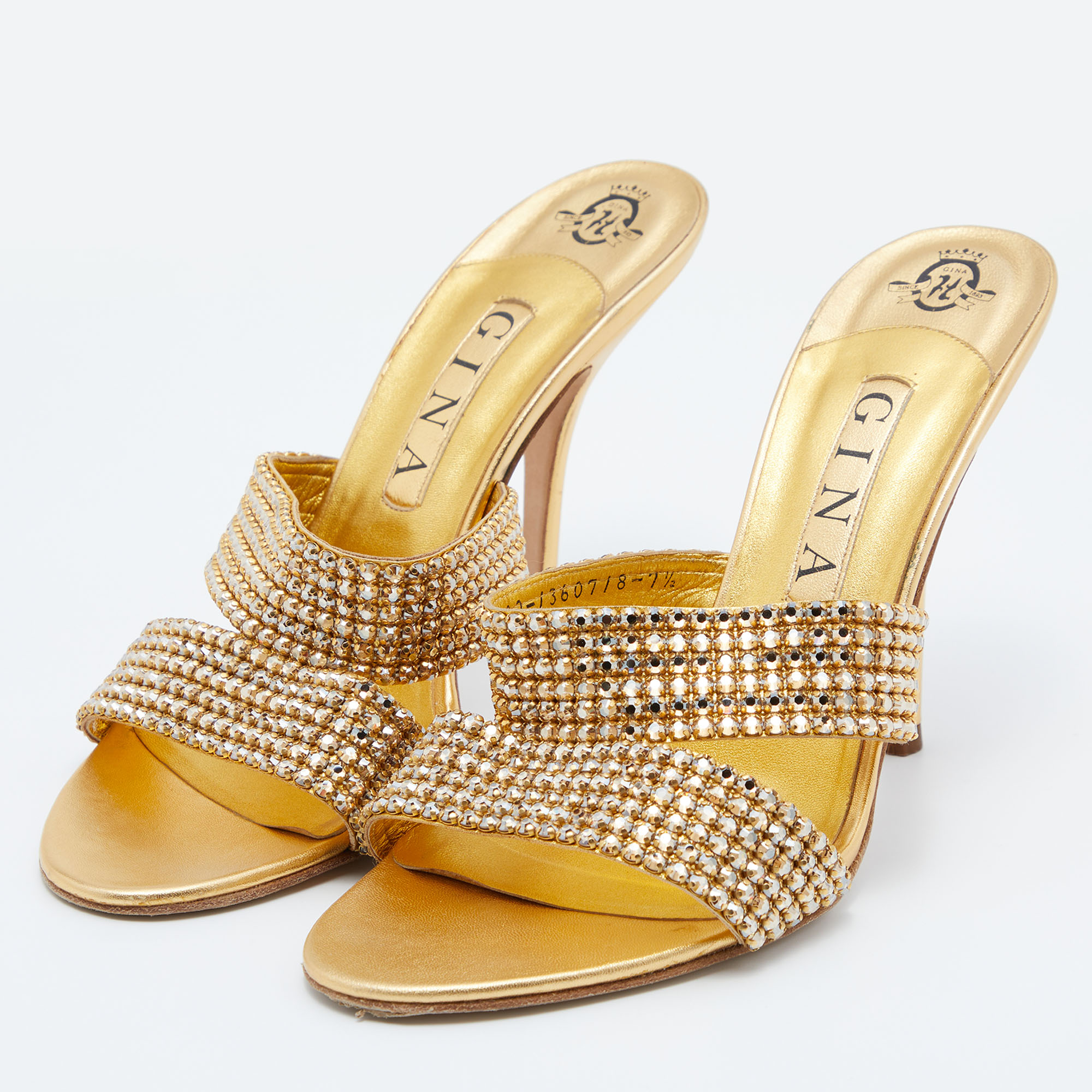 

Gina Gold Crystal Embellished Leather Slide Sandals Size